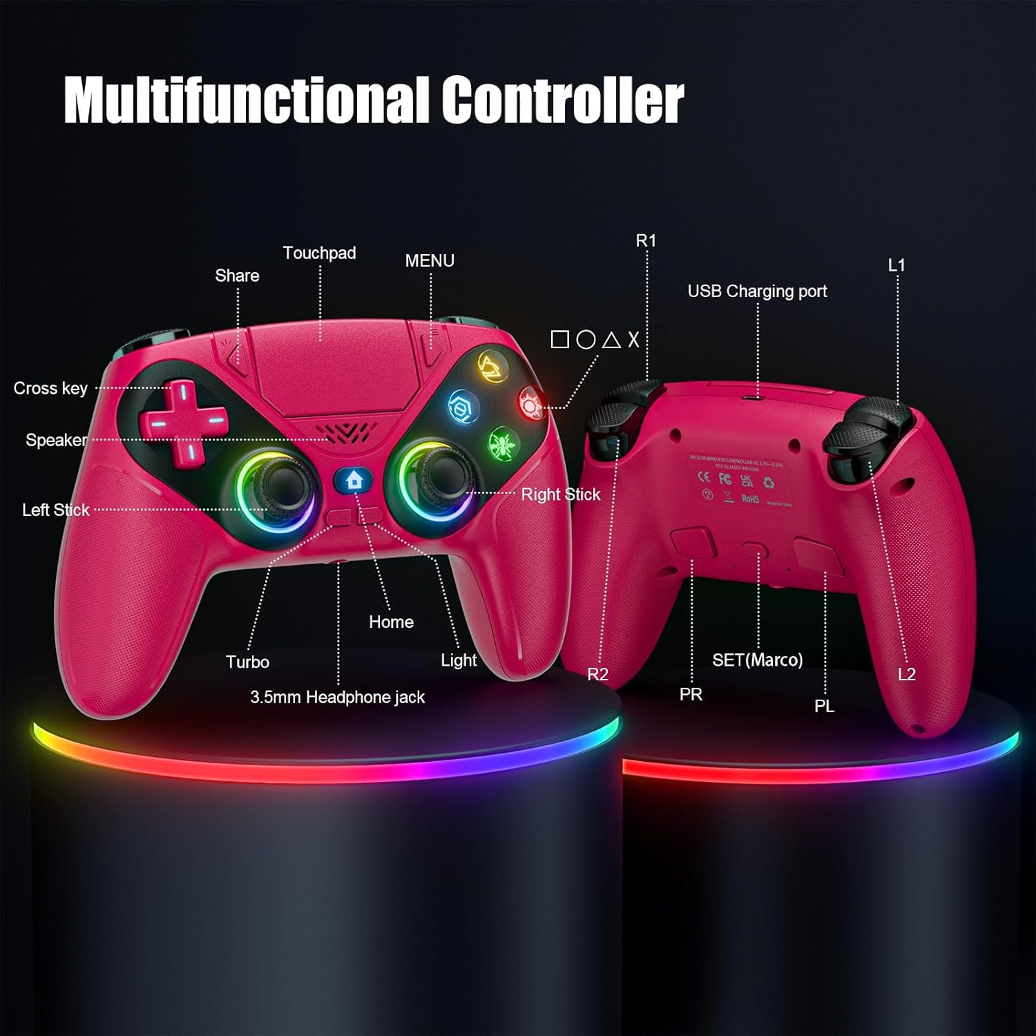 Controlador inalámbrico LED para PS5, compatible con PS5 Pro/Slim/PC, con Multi Touch Pad/Turbo/conector de audio de 3.5 mm/vibración dual