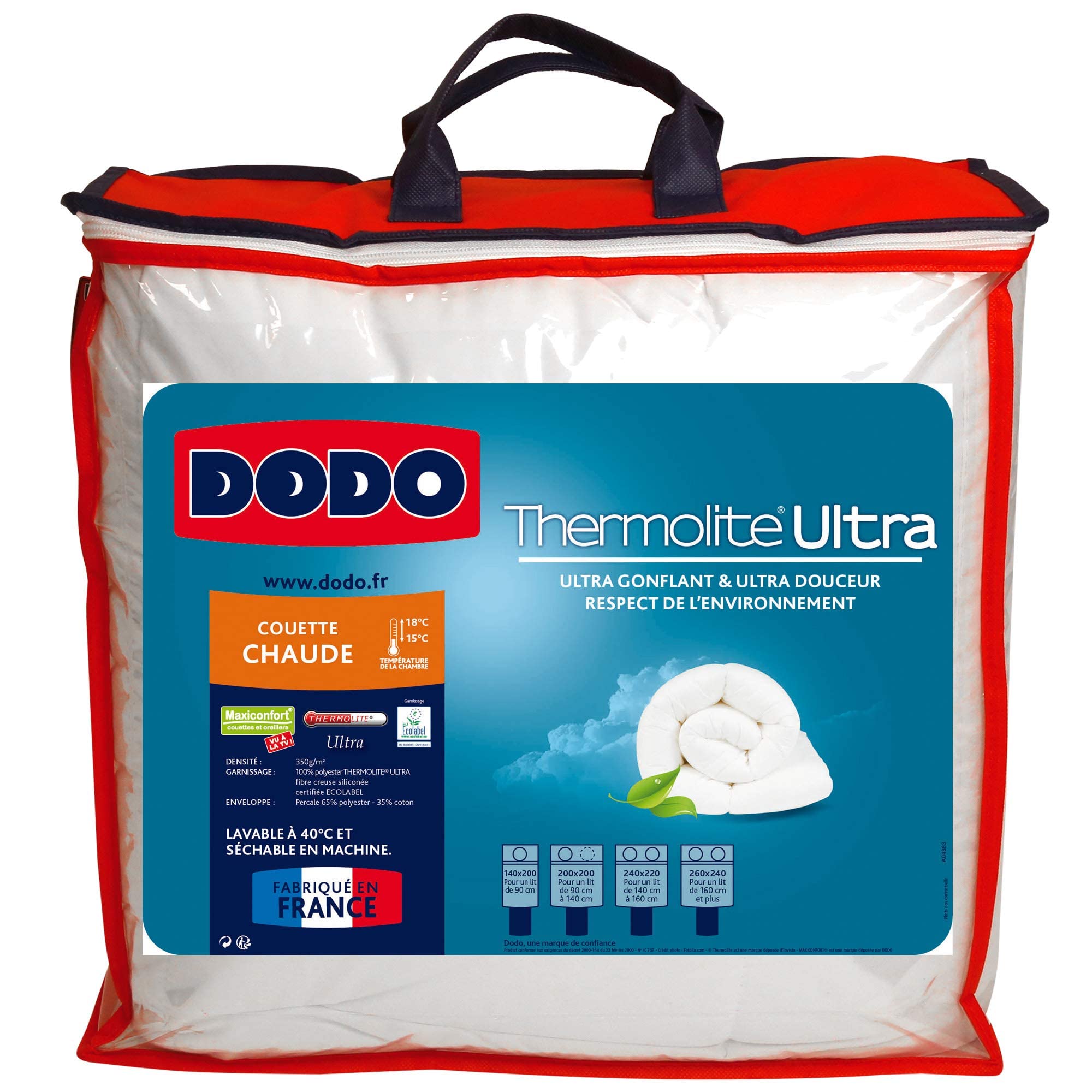 DODO - Couette Chaude Ultra Gonflante 220x240 cm - Convient 1-2 Personnes - Tissu 65% Polyester 35% Coton - Garnissage 100% Thermolite Ultra Polyester 350g/m² - Lavable en Machine à 40°C