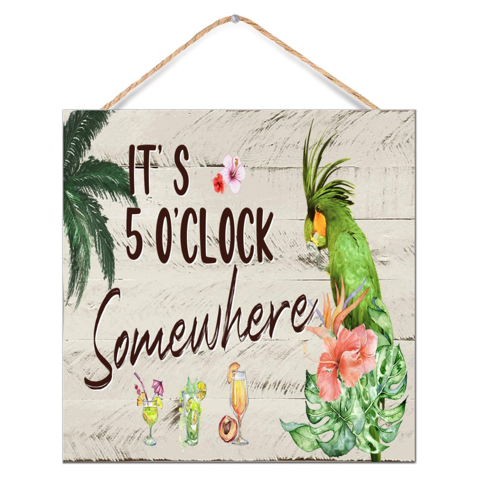 WSDESDEC Vintage Wooden Plaque Sign It's Five O'clock Somewhere Home Decor for Window Funny Country Wooden Signs Tropical Flamingo Hawaiian Aloha Home Wall Decor Sign Gift Shelf 12x12in