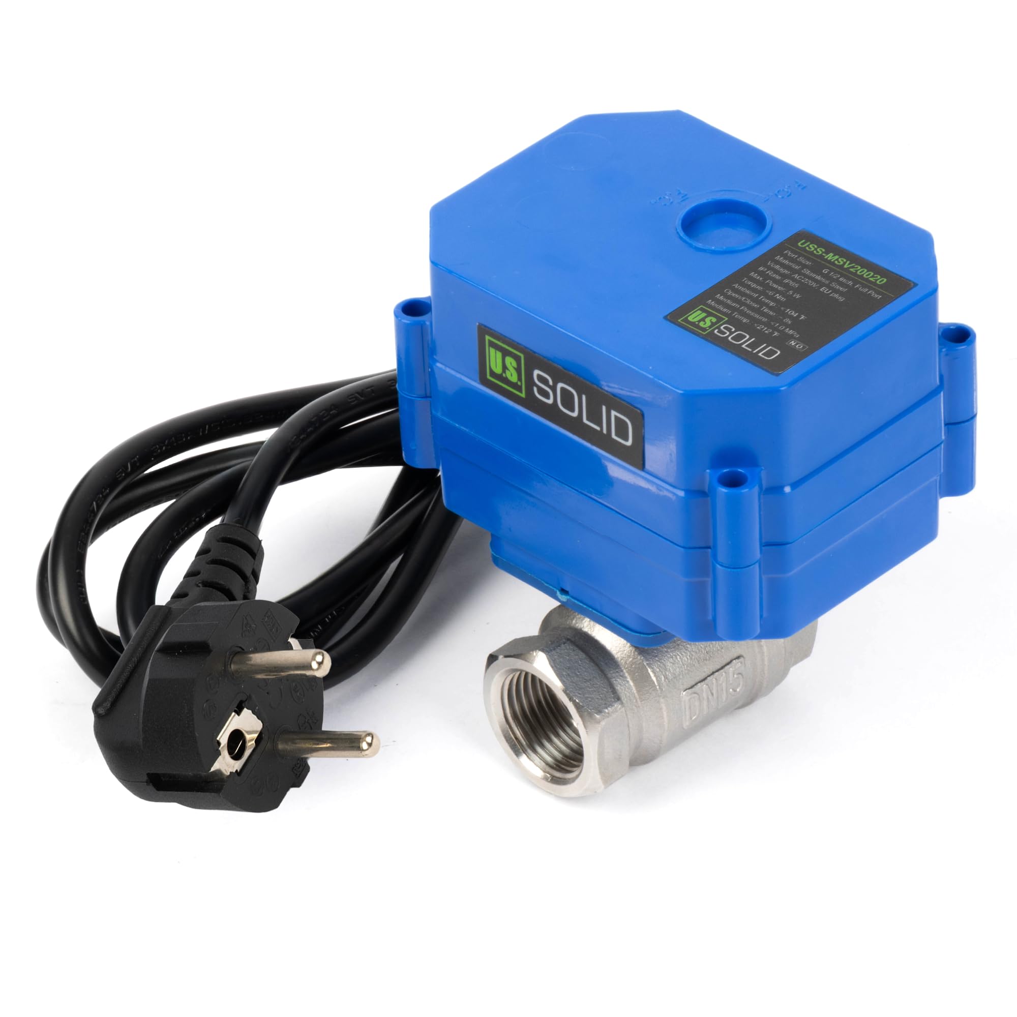 U.S. Solid Válvula de bola motorizada 220 V CA con conector 1/2 pulgadas DN15, abierto sin corriente, válvula de bola eléctrica de acero inoxidable de 2 vías, retorno automático