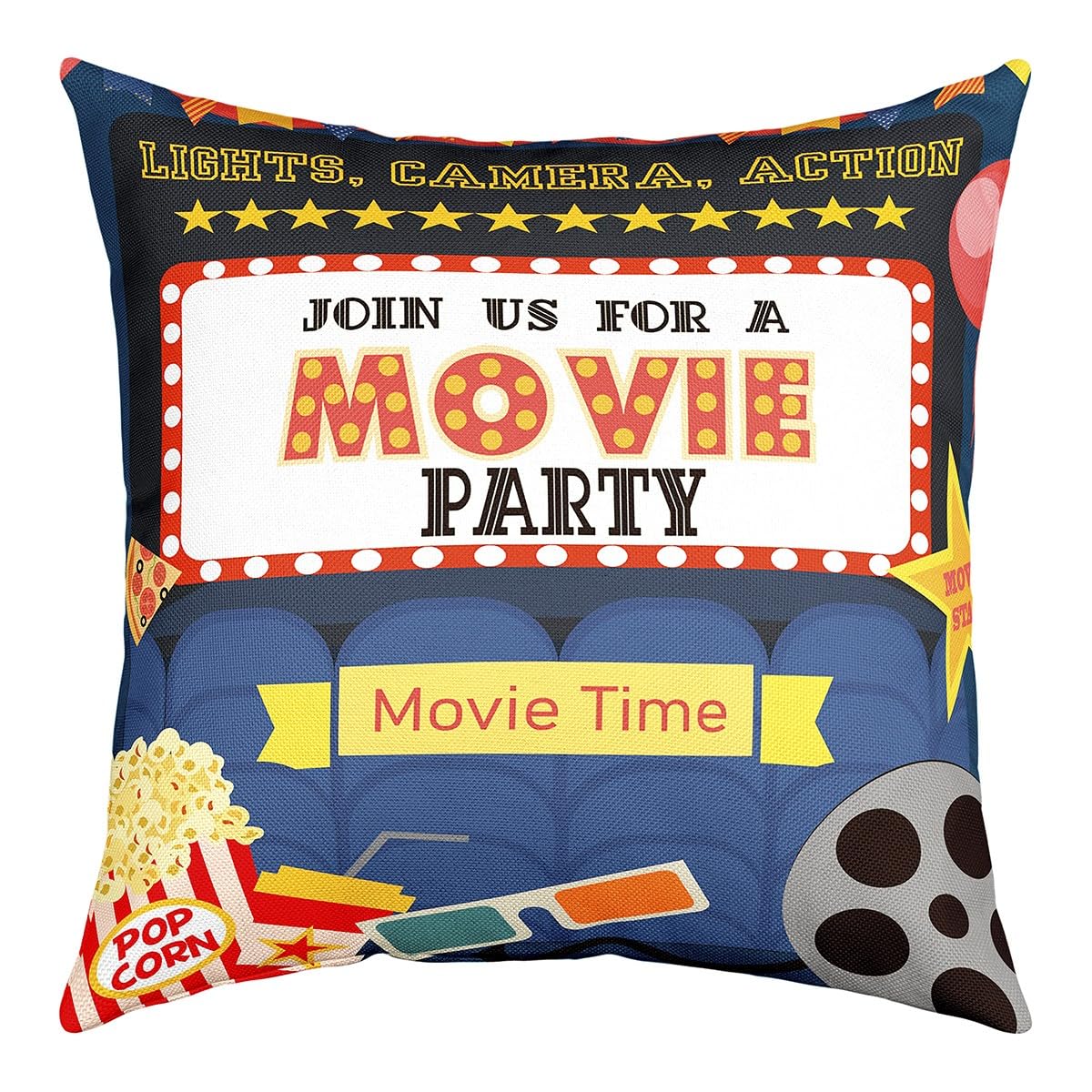 Homemissing Multicolored 23 Movie Night Pillow Covers Home Decor 18"X18" Movie Theater Decor Reversible Throw Pillow Covers For Kids Old Fashion Home Theater Square Cushion Covers Set Of 1 Cinema