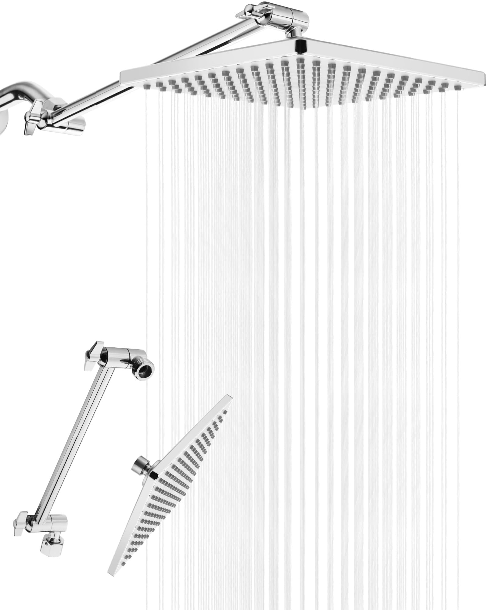 Rain Shower Head, 8'' High Pressure Rainfall Square Showerhead with 11'' Shower Head Extension Arm, Brass Adjustable Shower Arm Extender, Rainfall