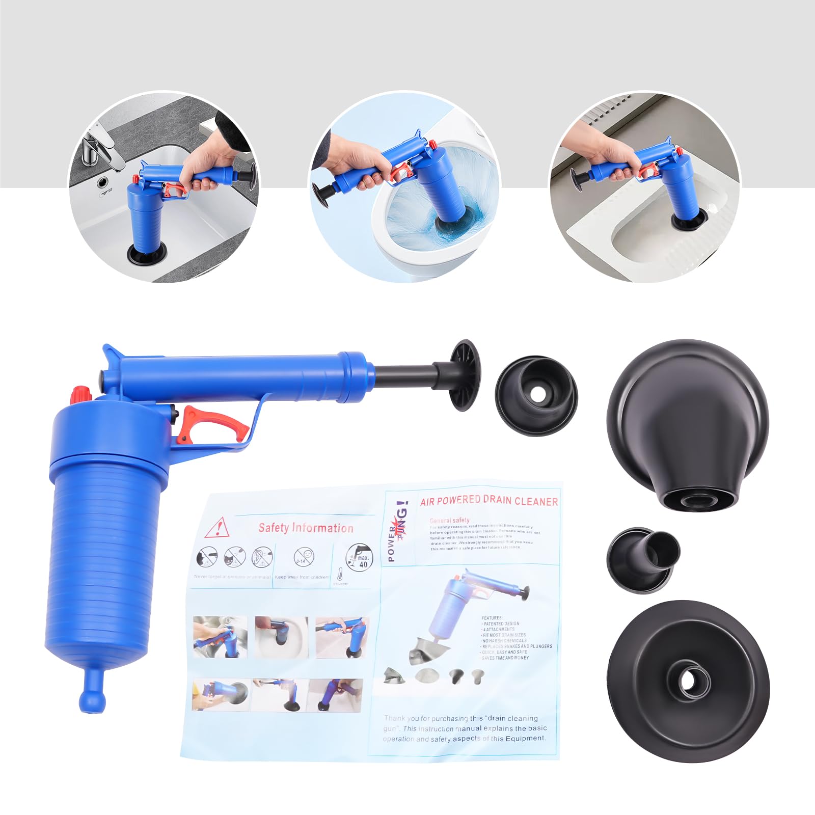 Pompa per la pulizia dei tubi, pulitore per tubi ad aria compressa con 4 suckers, per WC, lavandini, vasche da bagno, docce, scarichi a pavimento, lavelli