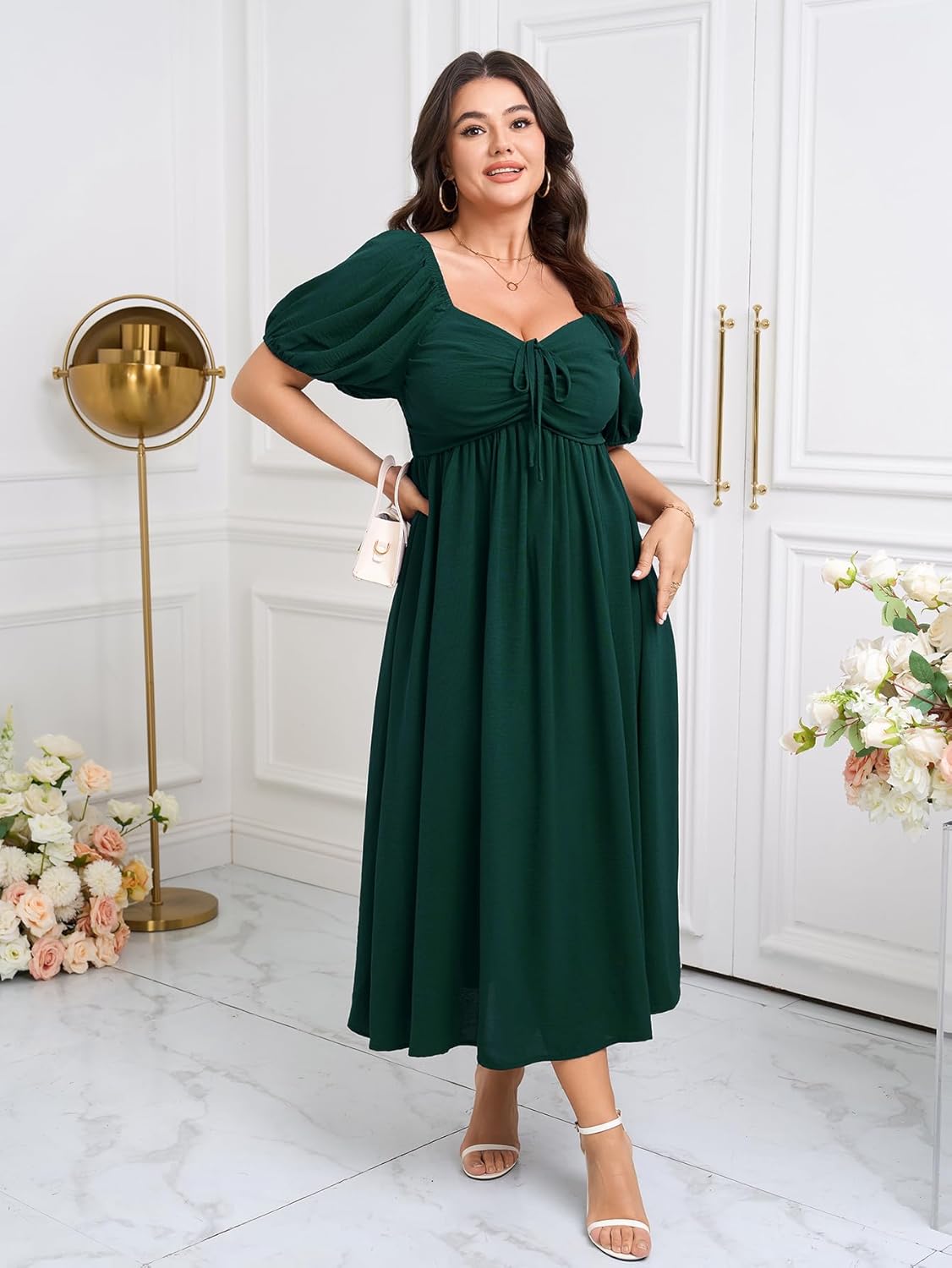 SCOMCHIC Plus Size Sweetheart Neckline Maxi Dress Formal Wedding Guest Short Puff Sleeve Cocktail Smocked A-Line Dresses - Image 3