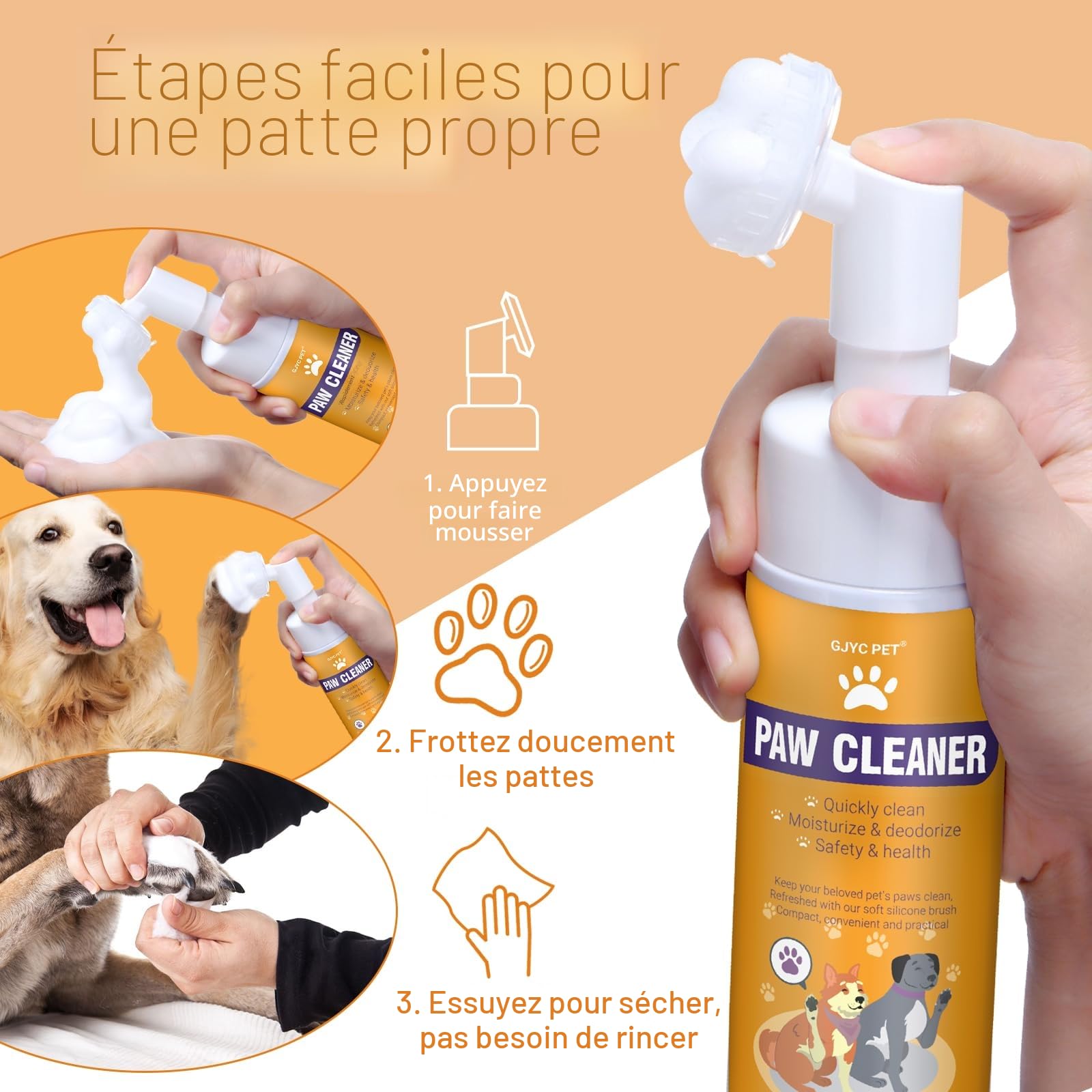Nettoyeur de Pattes de Chien, shampooing sans Eau avec Brosse en Silicone Souple, Mousse hydratante pour Un Lavage Efficace des Pattes, Nettoyeur de Pattes Facile et Portable pour Chiens, 150 ML