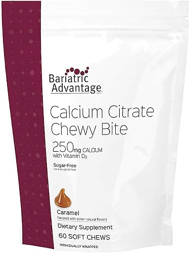 Bariatric Advantage Picaduras masticables de citrato de calcio 250 mg con vitamina D3 para pacientes de cirugía bariátrica, incluyendo bypass