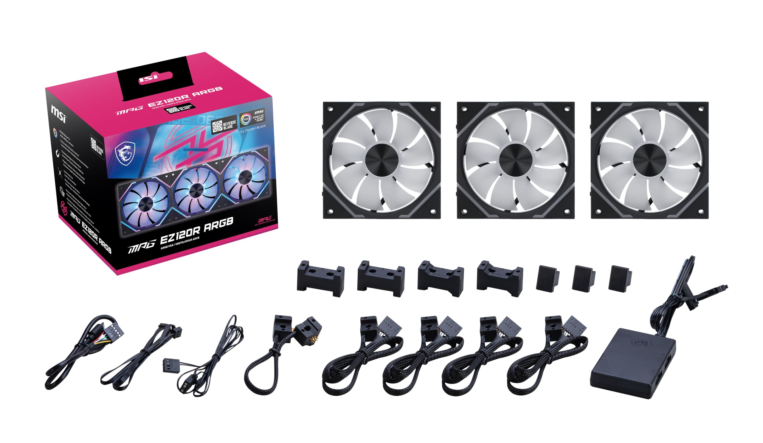 MSI MPG EZ120R ARGB-3B - Ventilador ARGB de 120 mm, bloque de conexión magnético patentado, conexión de cadena margarita, rodamiento dinámico líquido + fijación de tuerca adicional, cubo de ventilador
