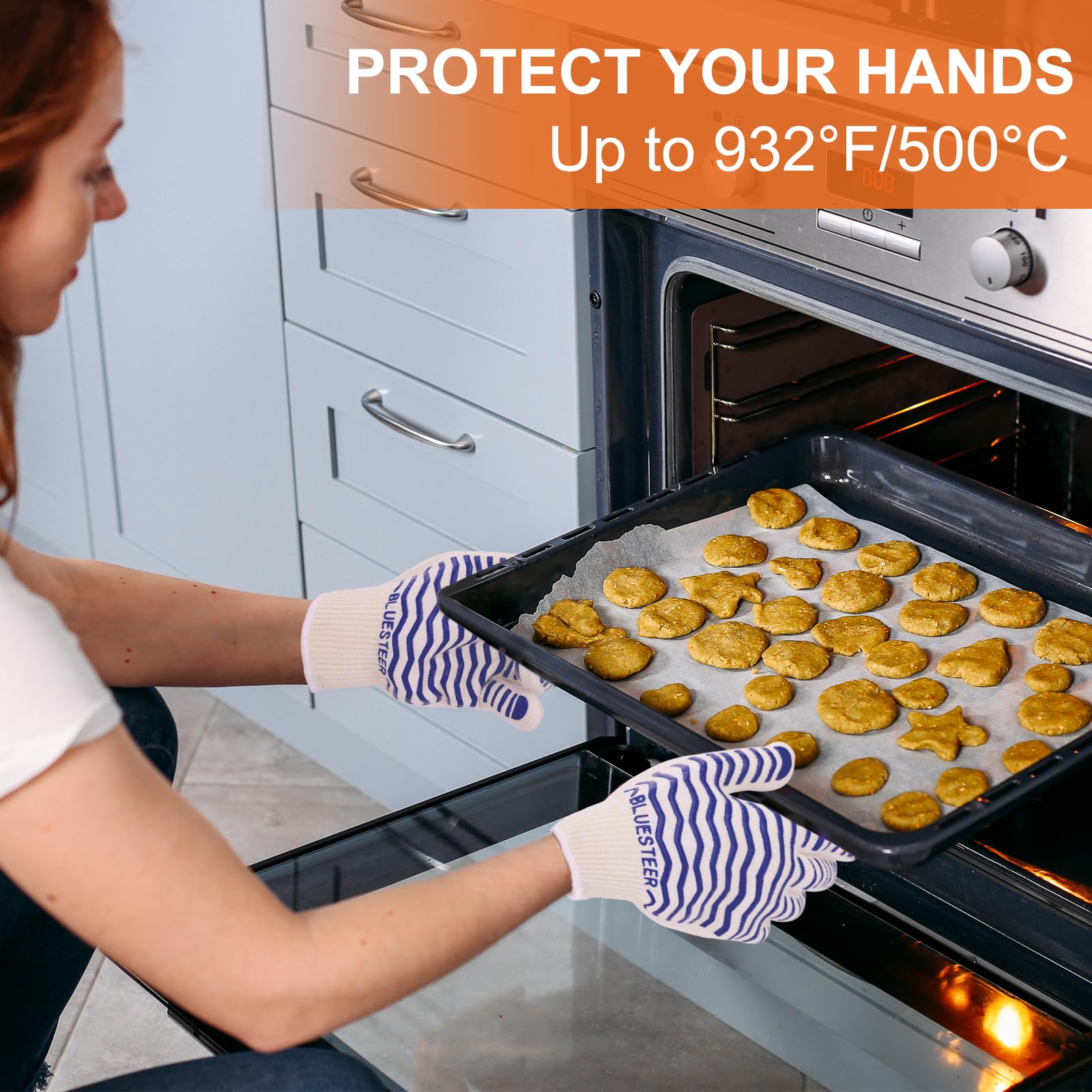 BLUESTEER Oven Gloves 932°F Heat Resistant Gloves Oven Mitts with Fingers Grill Gloves Heat Proof BBQ Gloves Silicone Grip Fireproof Gloves for Kitchen Cooking Grilling Baking