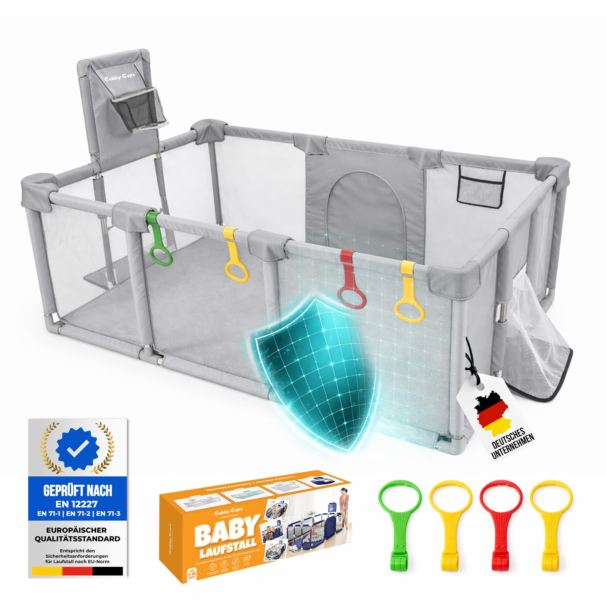 Laufstall Baby 180x122 cm mit Basketballkorb & Fußballtor – Laufgitter XXL | XXL Laufstall mit Basketballkorb, Fußballtor, Spielringen und atmungsaktivem Netz.