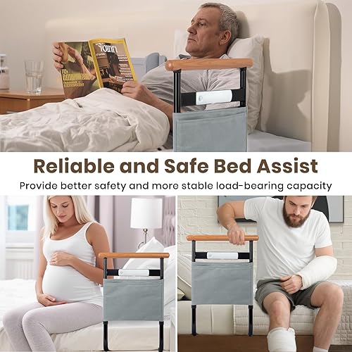 Miniatura 6 de Riel de cama con mango de madera maciza, rieles de seguridad para adultos mayores, con luz de movimiento y bolsa de almacenamiento, altura y