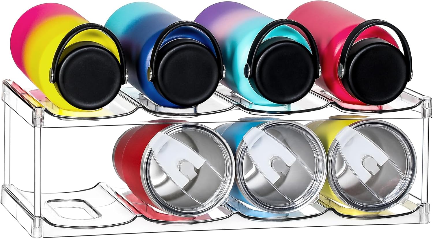 LARGER Compartment - 2 Tier Stackable Water Bottle Organizer Holder - for Stanley 40oz & Others' Large Tumbler - Clear Wine Rack, 8 Cup Bottle Holder for Cabinet Home Countertop Fridge Pantry Shelf 2 Tier - Hold 8 Clear