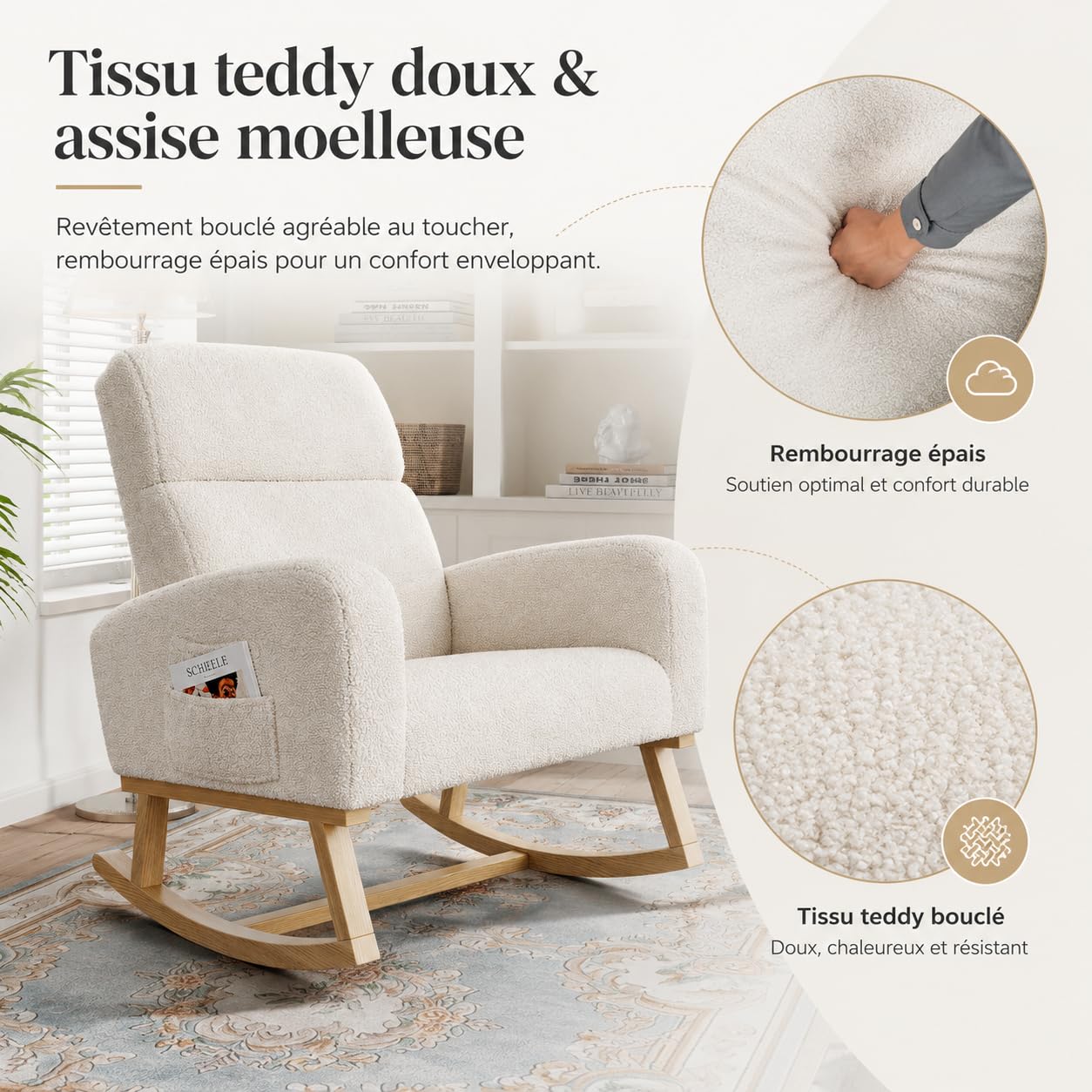 BRILVERDE Sedia a Dondolo, Poltrona Dondolo con Tasche Laterali Gambe in Legno massello, Allattamento al Seno, Sedia per Il Tempo Libero, Adatta per Soggiorno e Camera da Letto (Beige)
