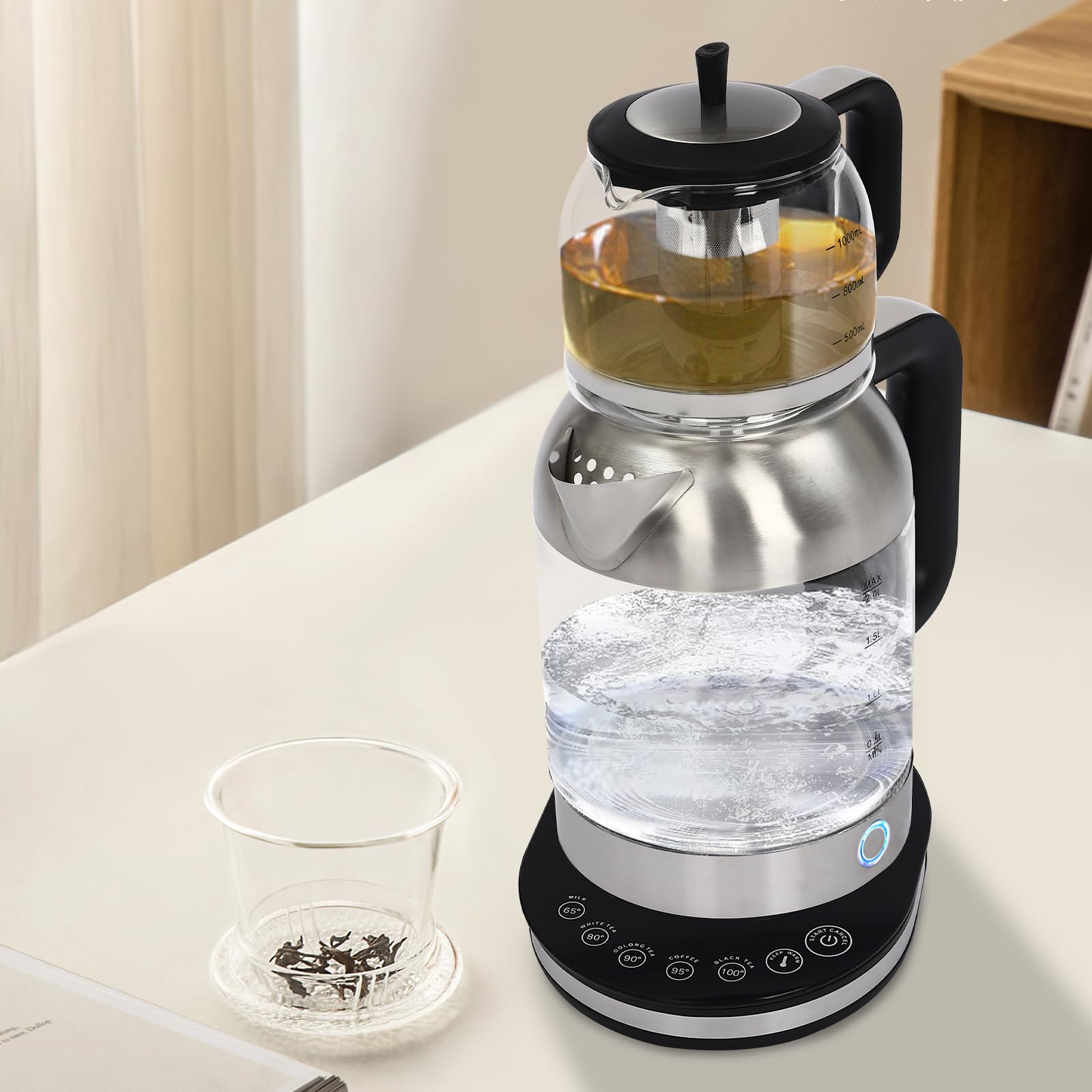 Hervidor de agua de cristal, 1800 W, tetera eléctrica con hervidor de agua de 2,5 L y tetera de 1 L, 5 temperaturas preestablecidas (65 ℃/80 ℃/90 ℃/95 ℃/100 ℃), apagado automático, protección contra