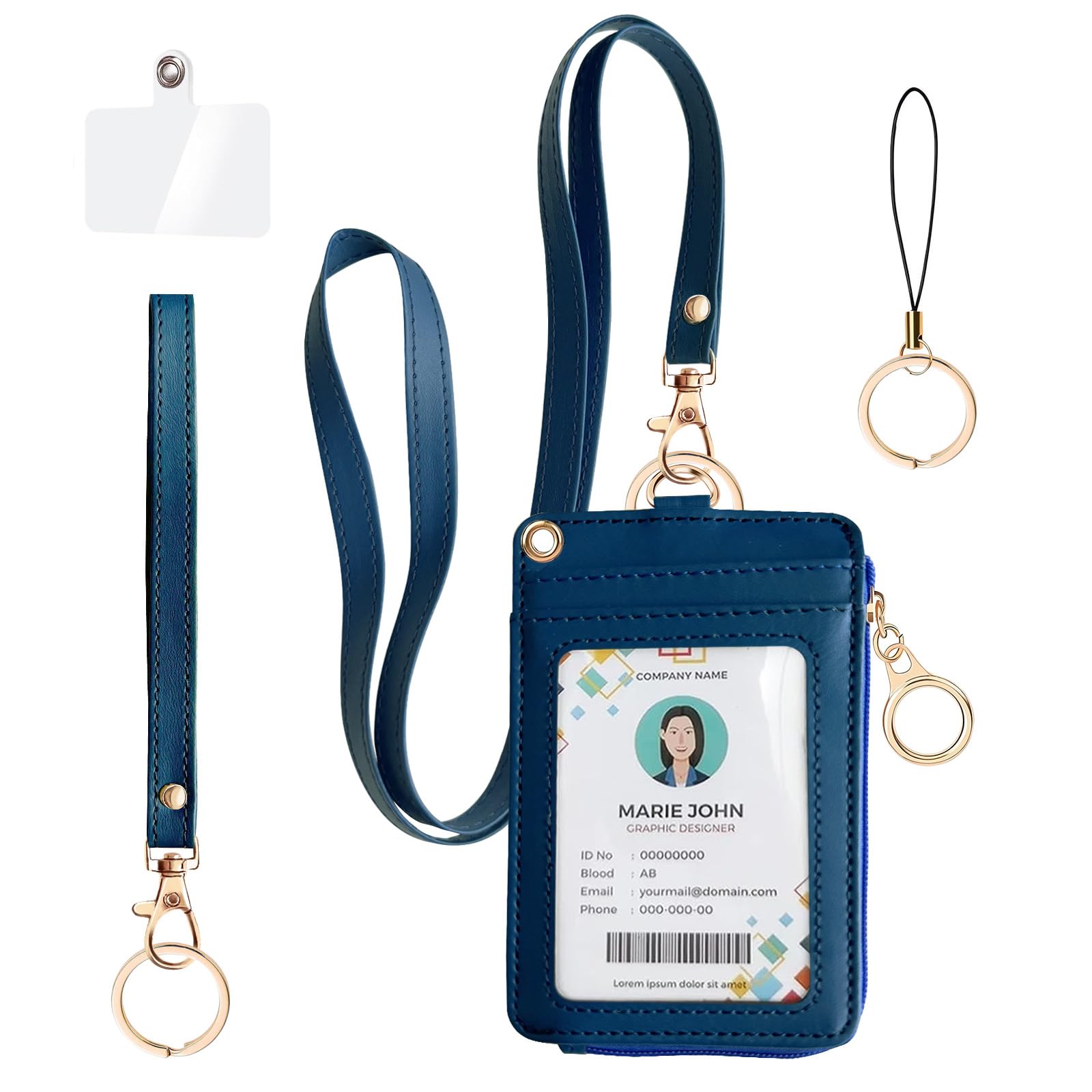 bolimoss 2-in-1 Badge Holder & Lanyard Wallet, Multiple Card Slots Leather ID Card Holder with Wristlet & Neck Lanyard for Cruise Ship Cards,Credit Cards, Office School ID, Work Name Cards, Navy Blue — image 1