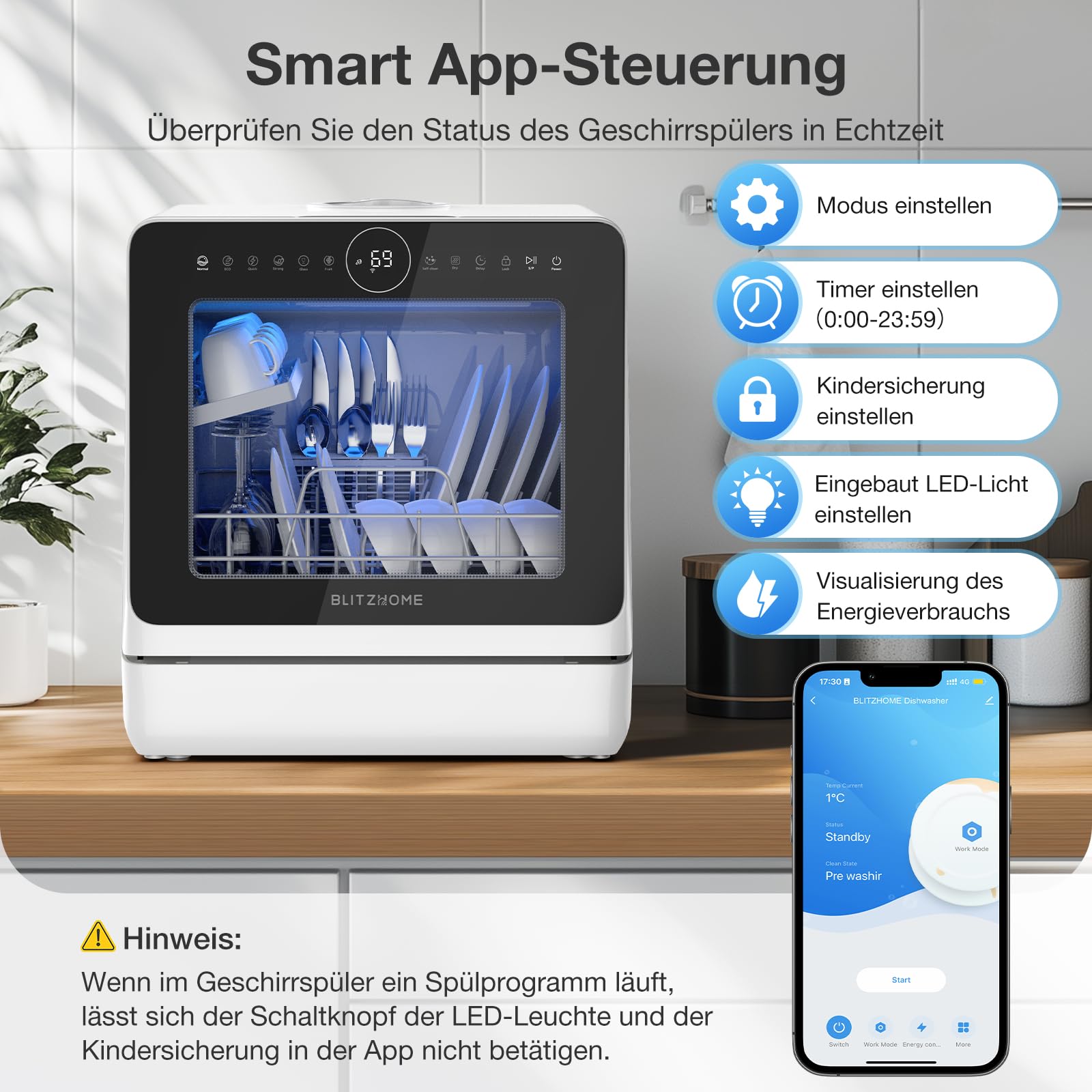 BLITZHOME Mini Spülmaschine Geschirrspüler 8+2 Programme Smart App Steuerung Tragbarer Tischgeschirrspüler 5L Wassertank