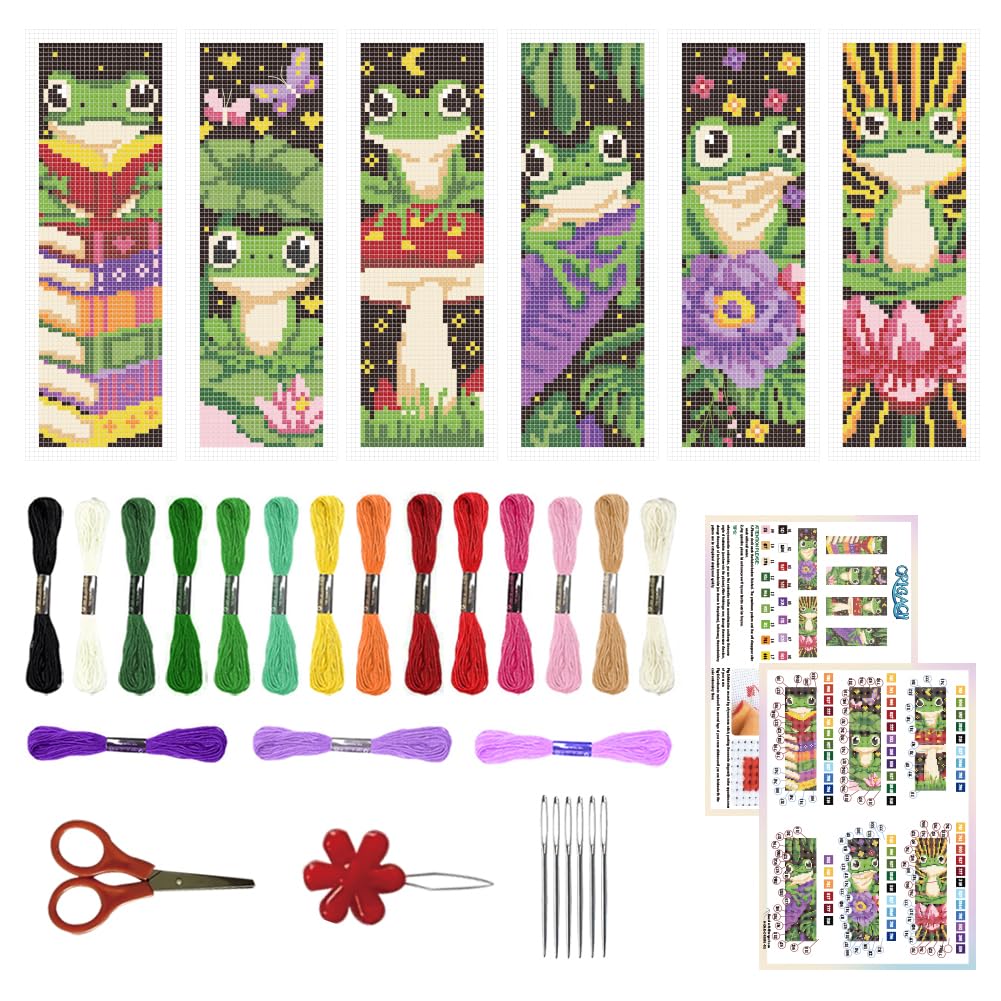 ORIGACH 6 Set Frog Cross Stitch Bookmark Kit for Beginner with Backing Felt Floss Instructions DIY Stamped Embroidery Bookmark Kit for Adults, Book Lovers