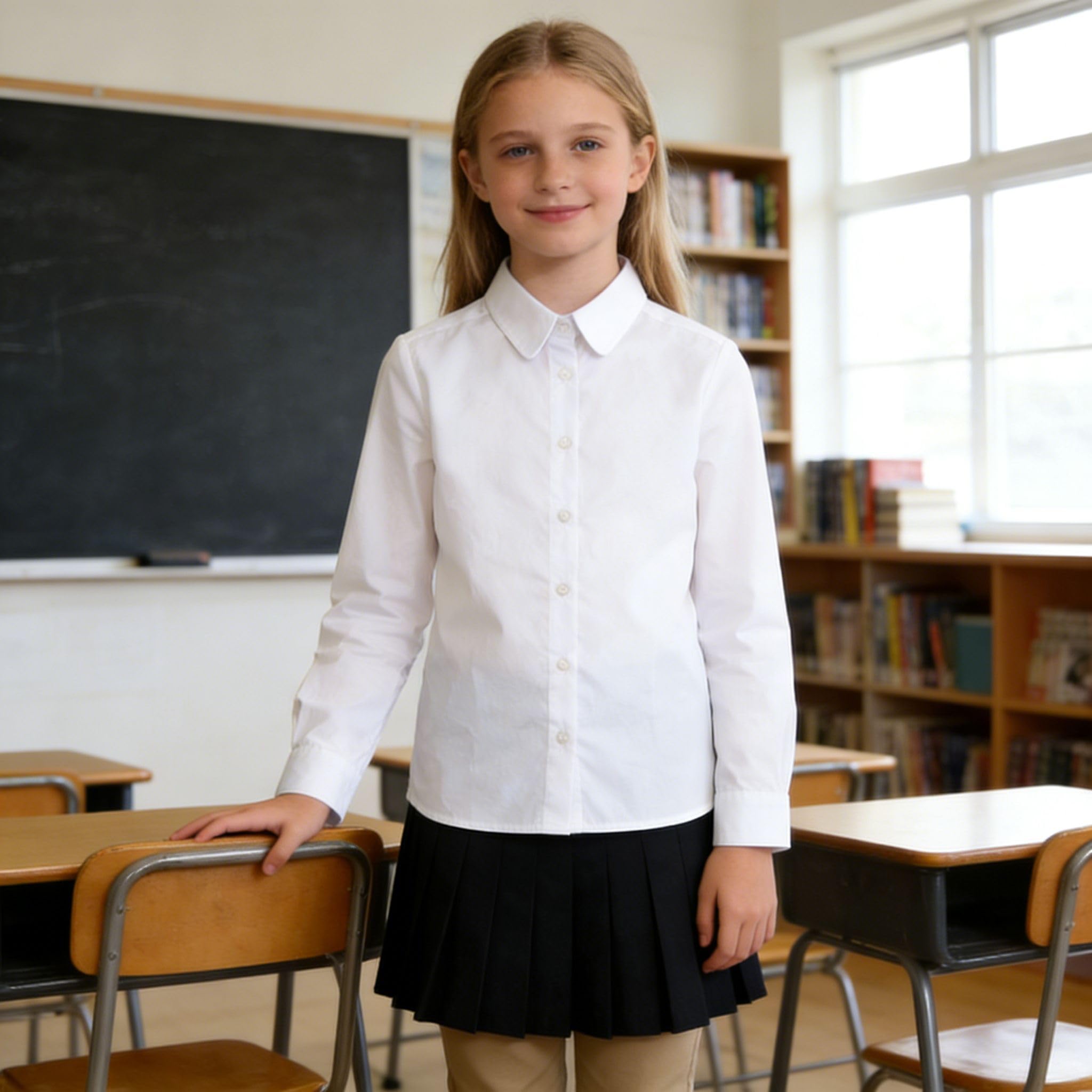 Bienzoe Niña Uniformes Escolares Oxford Manga Larga Blusa Blanco L