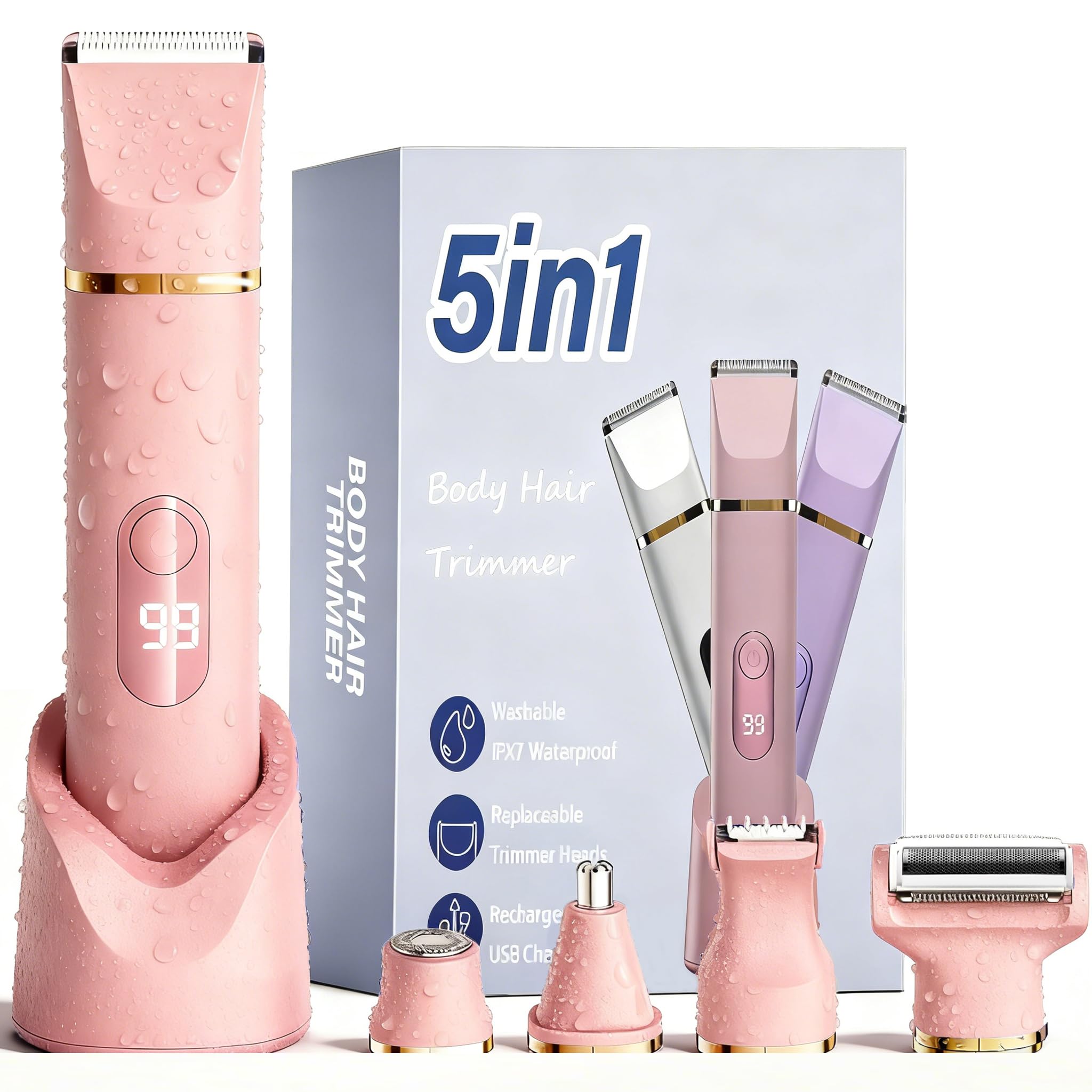 5 en 1 Afeitadora eléctrica para mujer,Cortadora para mujer, maquinilla de afeitar para mujer, recortadora femenina íntima impermeable, para pelo corporal y cara, afeitadoras, cortapelos (Rosa)
