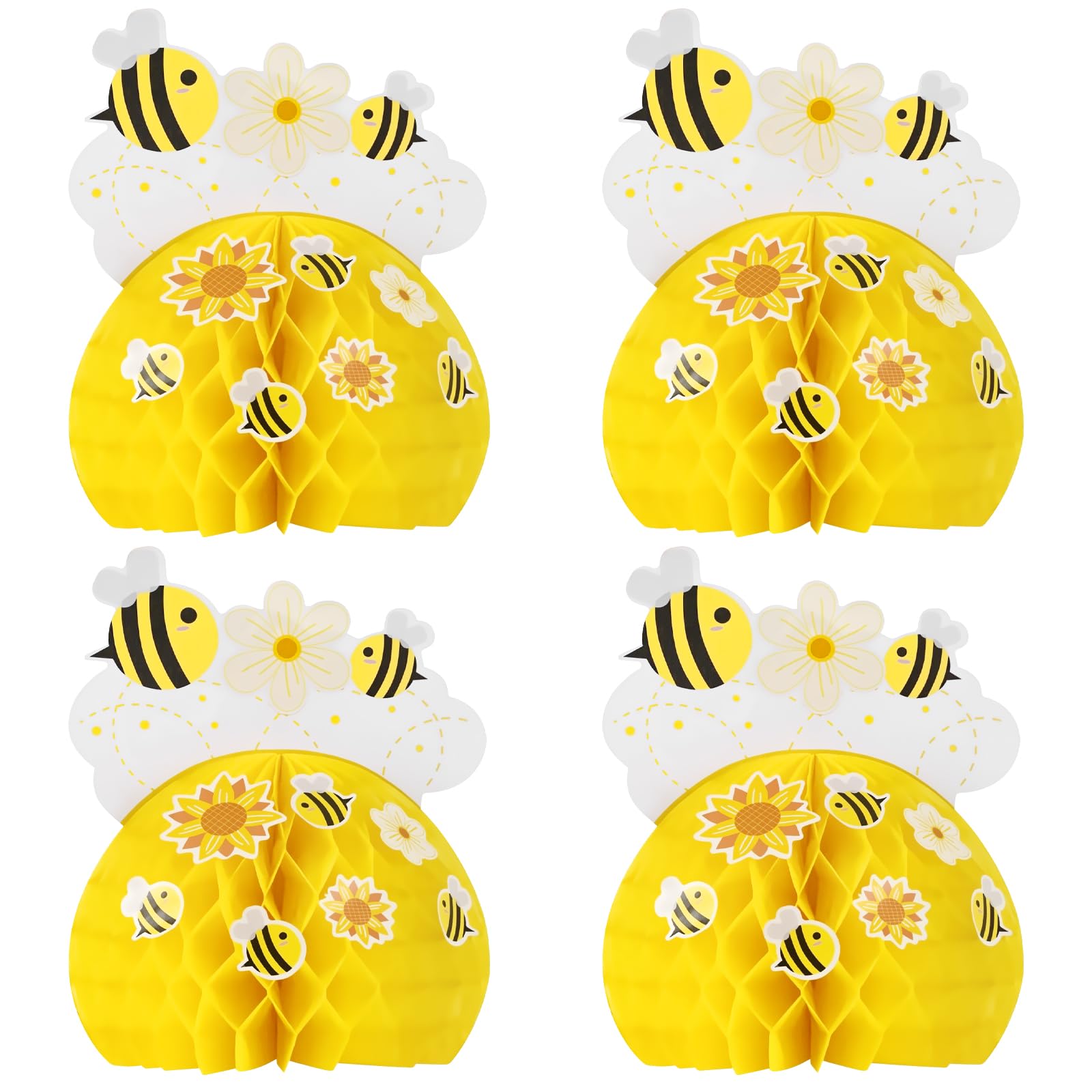 4Pcs Honeycomb Decorations, Honey Bee Table Centerpieces with Bee Flower Stickers & Paper Clip Threads,Bee Party Decorations for Baby Shower Birthday Party
