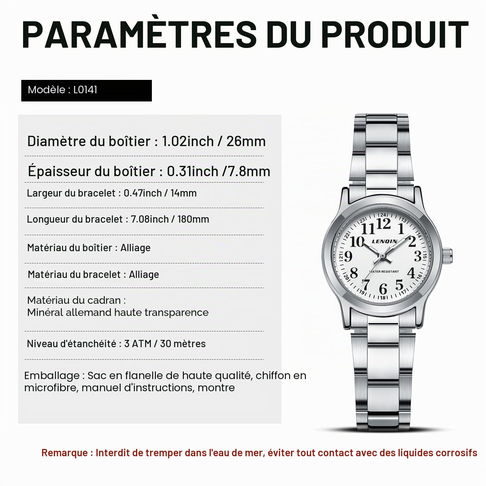 LN LENQIN Montre Femme Acier Inoxydable Quartz Étanche 30M Aiguilles Lumineuses