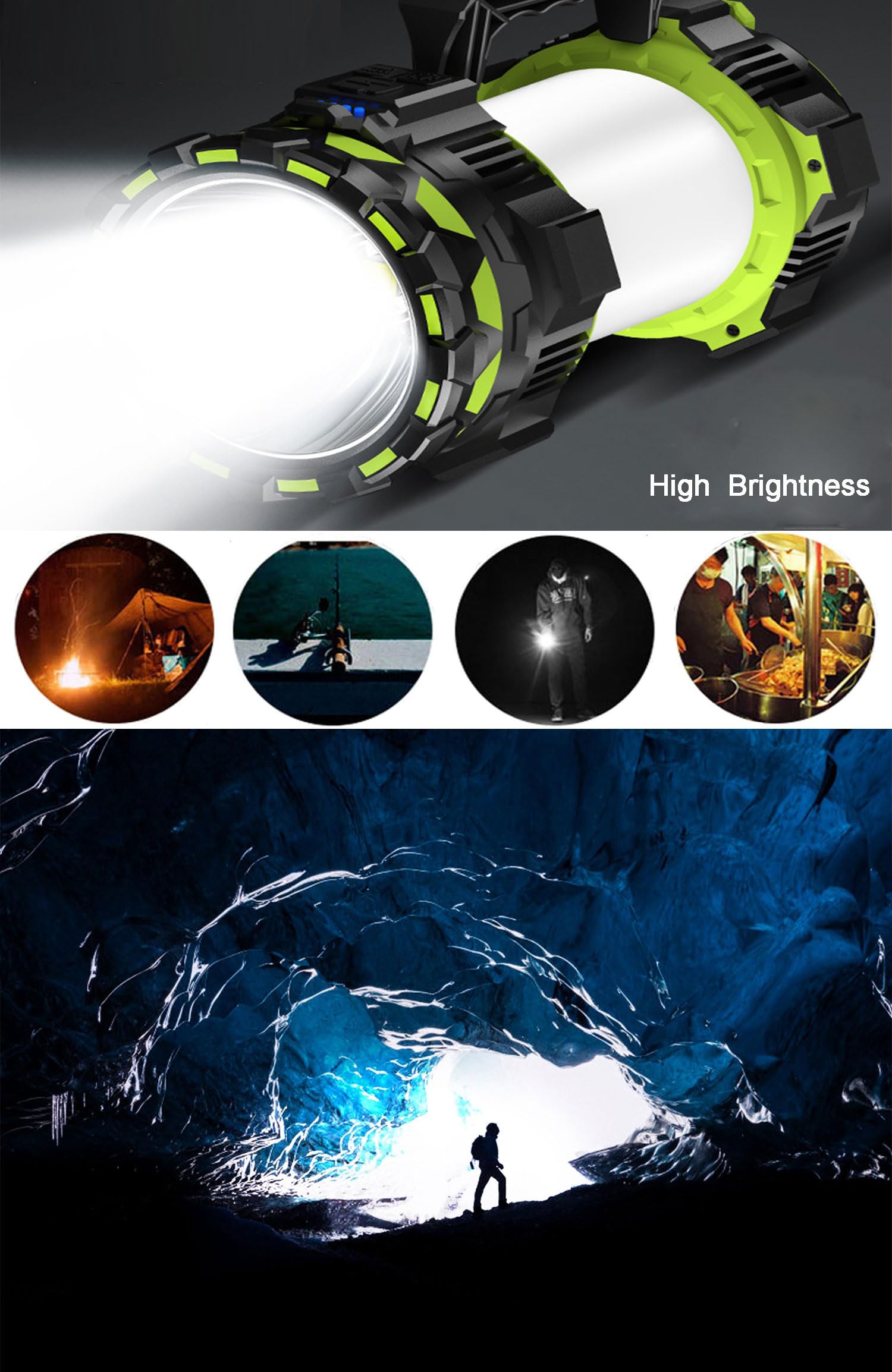Linterna LED grande de 22000 lm, 6 modos recargables, de mano, para camping, caza, luces de trabajo portátiles para emergencias en interiores y exteriores