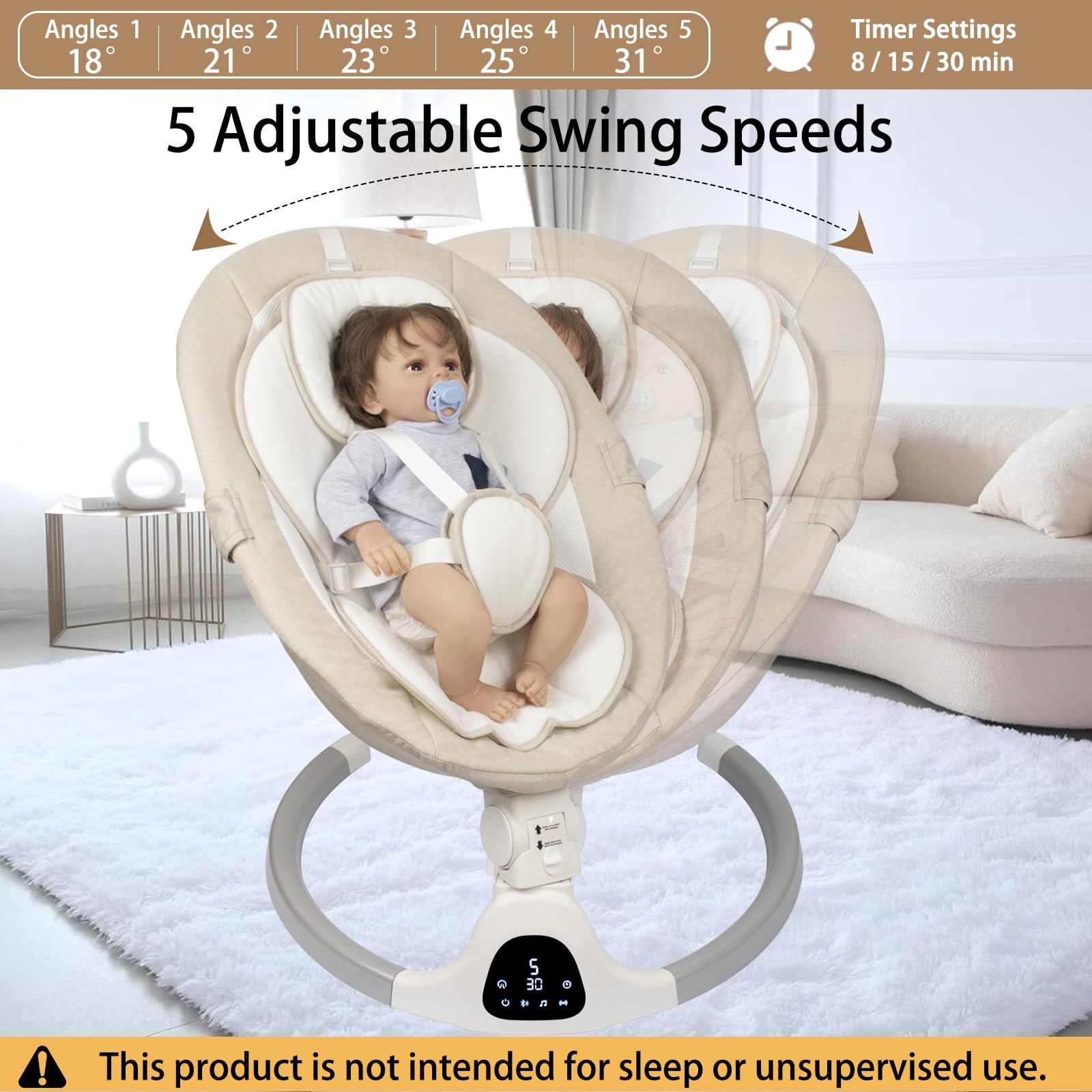 JFOVMCYG Columpio eléctrico para recién nacido con control remoto, 5 velocidades de balanceo, temporizador 8/15/30 min, arnés de 5 puntos, asiento lavable, estructura estable – Blanco Marfil