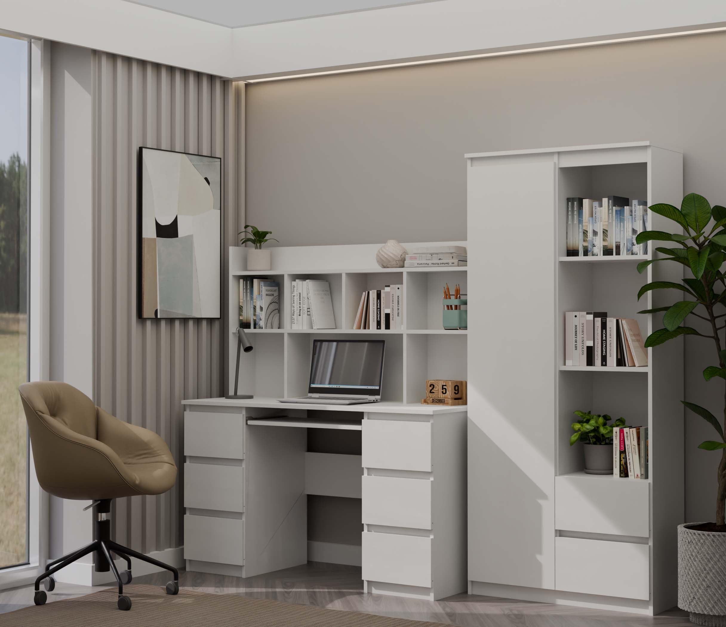 CDF Bureau avec Rangement 130x51x76 cm - Blanc Mat - 3 Tiroirs et Étagères