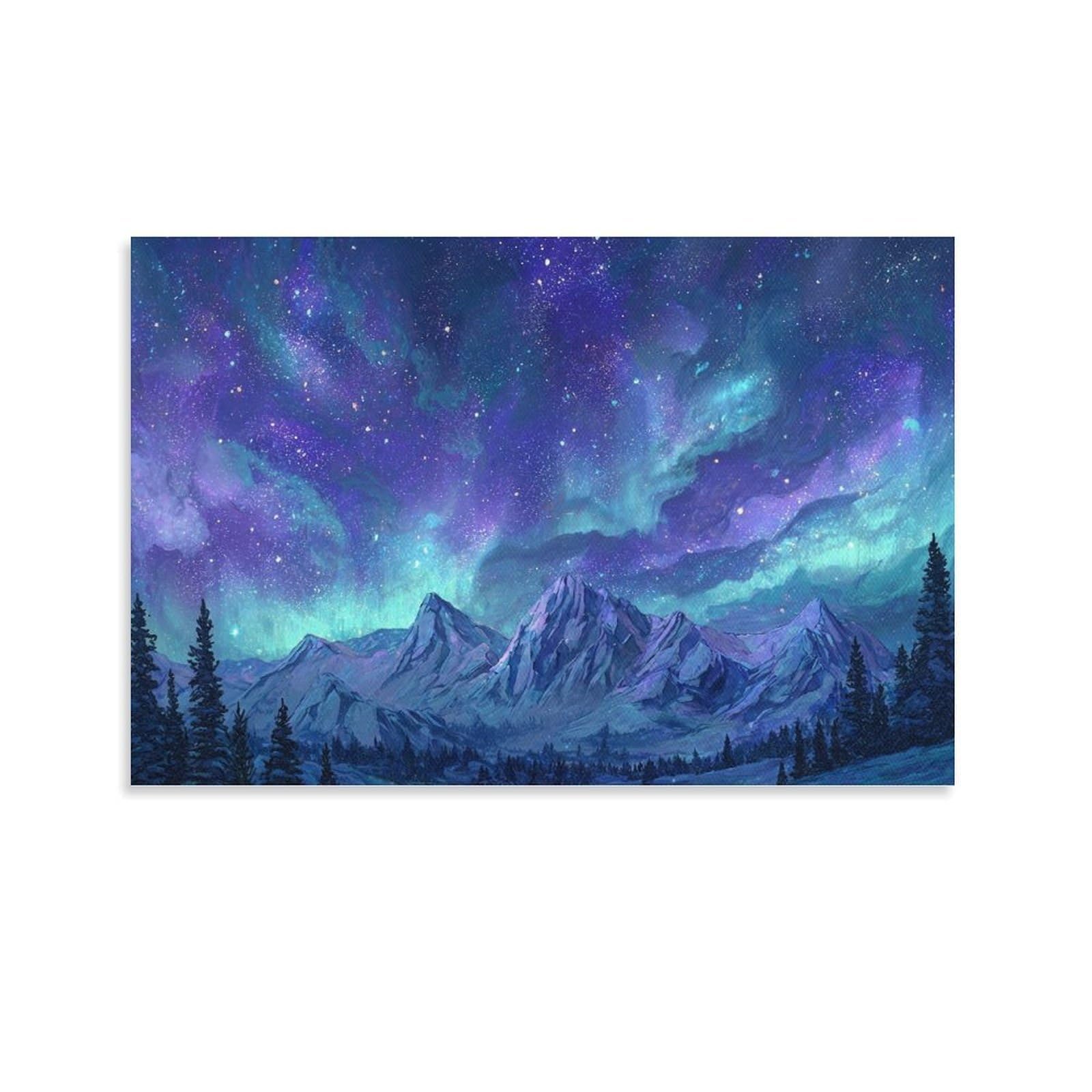 CPLVKWRQJ Starry Mountain Landscape Single Piece Aurora Borealis Snowy Mountain Woodland Scene Framed Wall Art - Office Canvas Print Fade Resistant Wall Focal Art Decor 24x36inch(60x90cm)