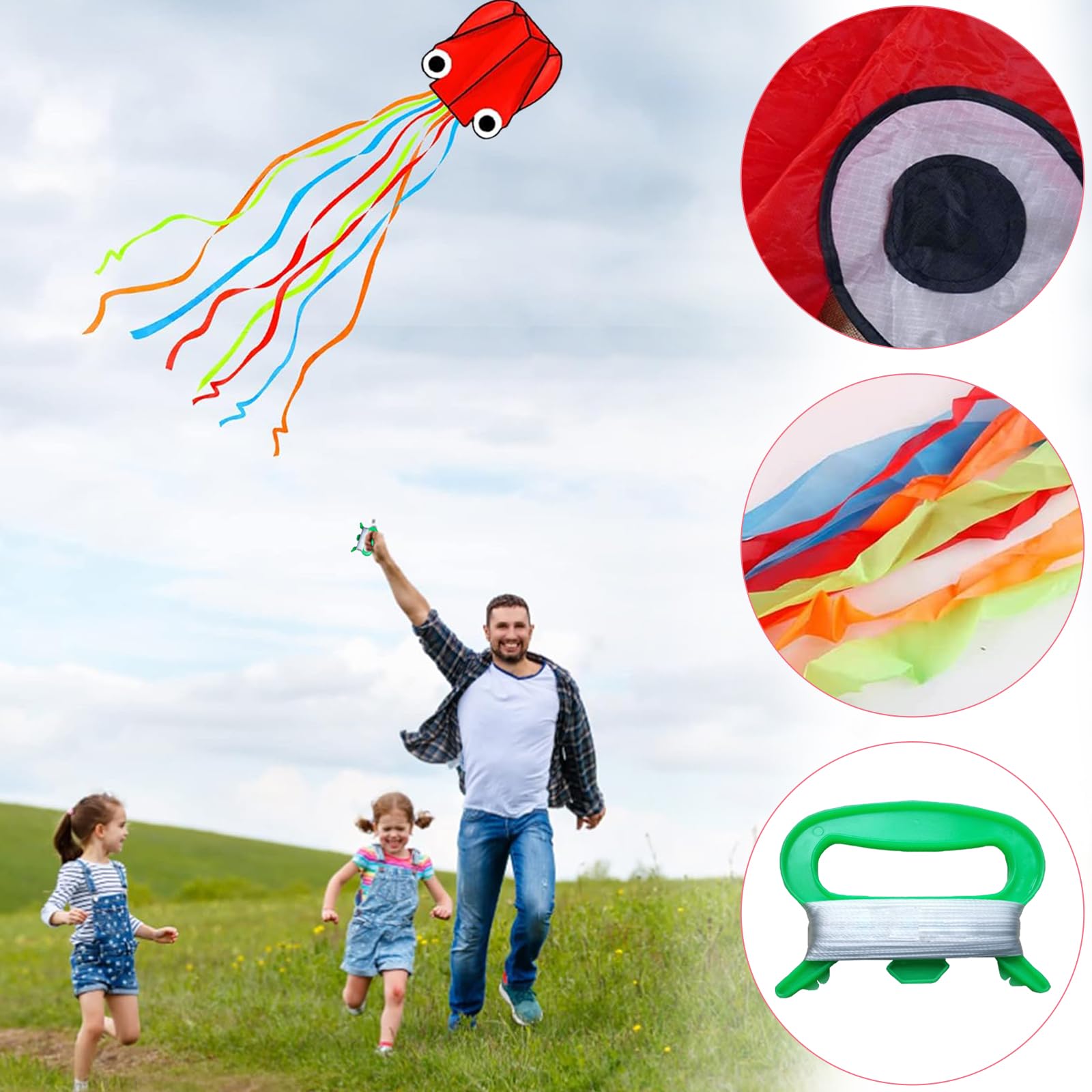 Cerf-Volant Pieuvre Cerf Volant, Rainbow Volant | avec Longue Queue de 100 m pour Garçons et Filles - avec Ficelle et Poignée pour Excursion à la Plage