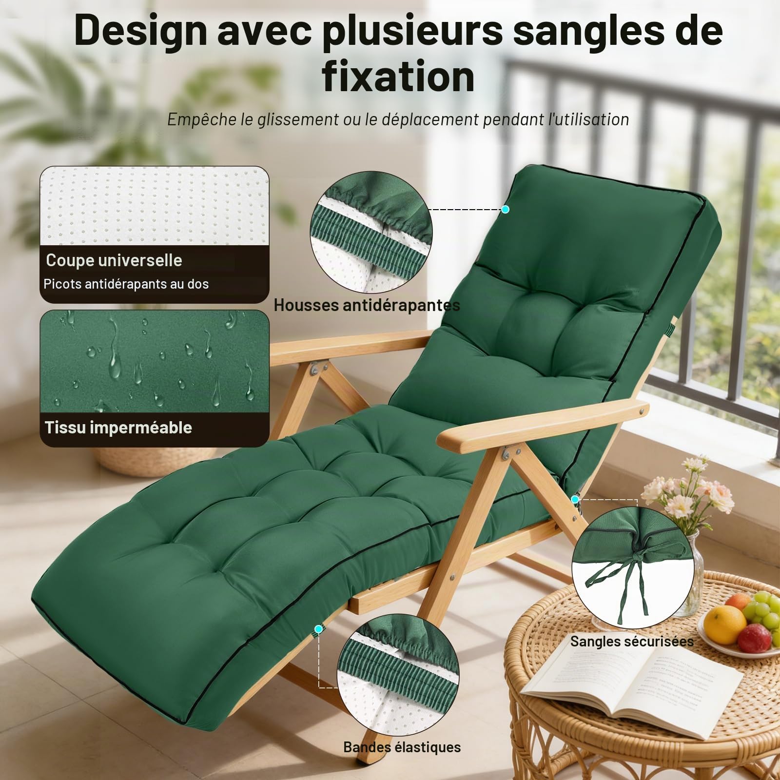 Coussin de Chaise Longue 200x55x8 cm, Coussin de Jardin Hydrofuge Mise en Place Facile – Assise Rembourrée en Mousse déchiquetée pour Transat Extérieur, Résistant UV