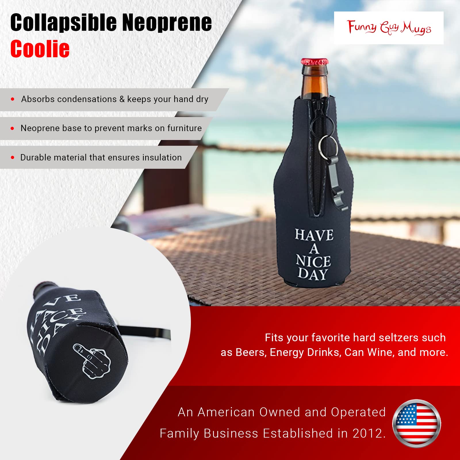 Funny Guy Mugs Have A Nice Day Collapsible Neoprene Bottle Coolie - Middle Finger on Bottom