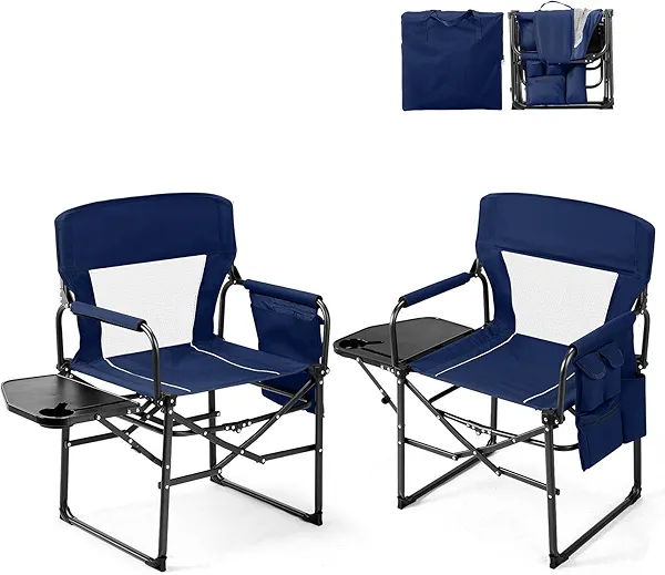 VINGLI Camping Chairs, Directors Chair, Camping Chair with Side Table & Carry Bag,Heavy Duty Camping Chairs for Adults,Portable Folding Camping Chair 2 Pack, for Beach, Fishing,Trip,Picnic,Lawn-Blue