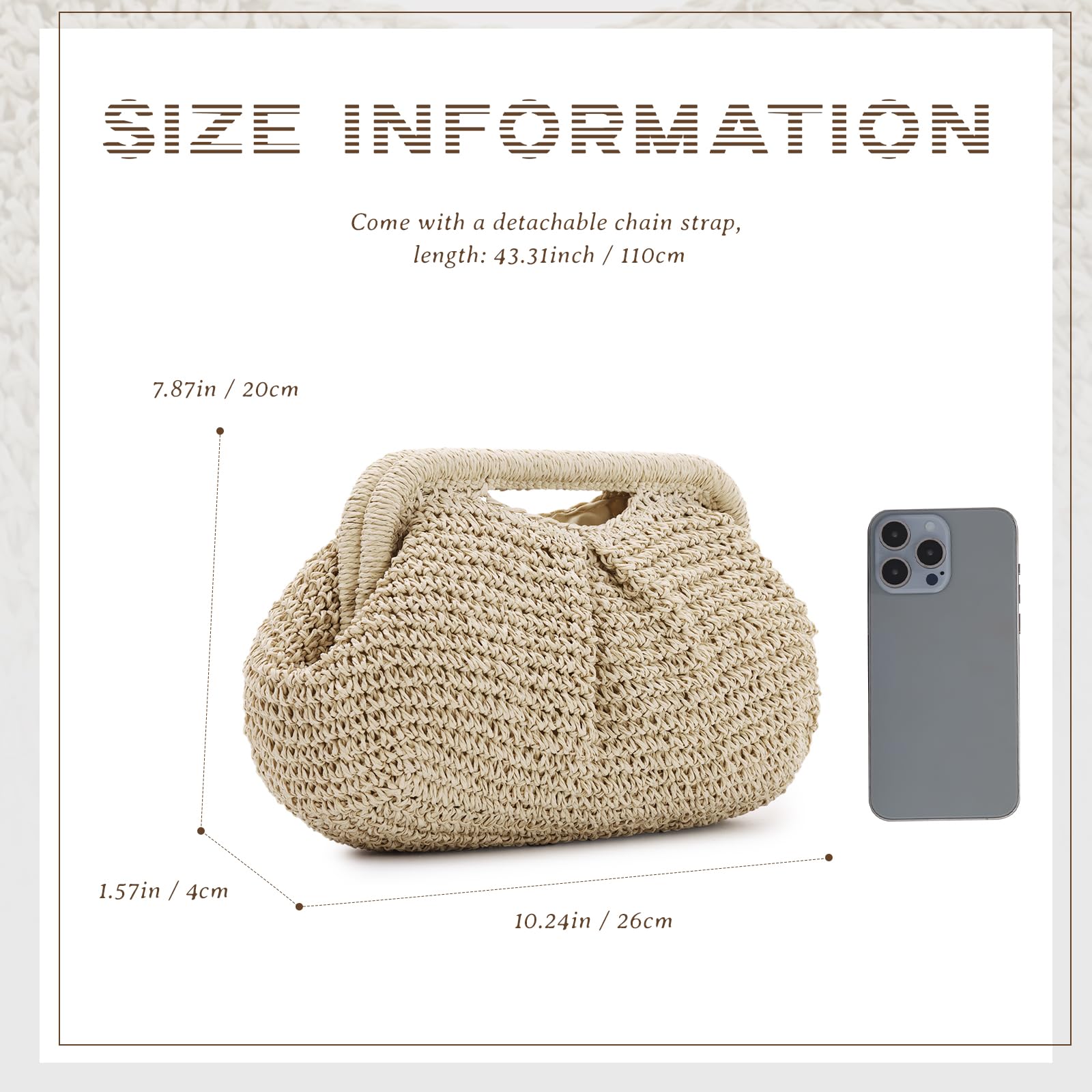 Bolso de Mano de Paja para Mujer Bolso de Playa de Verano Bolso Tejido Cloud Dumpling Bolso Bandolera para Viajes de Vacaciones