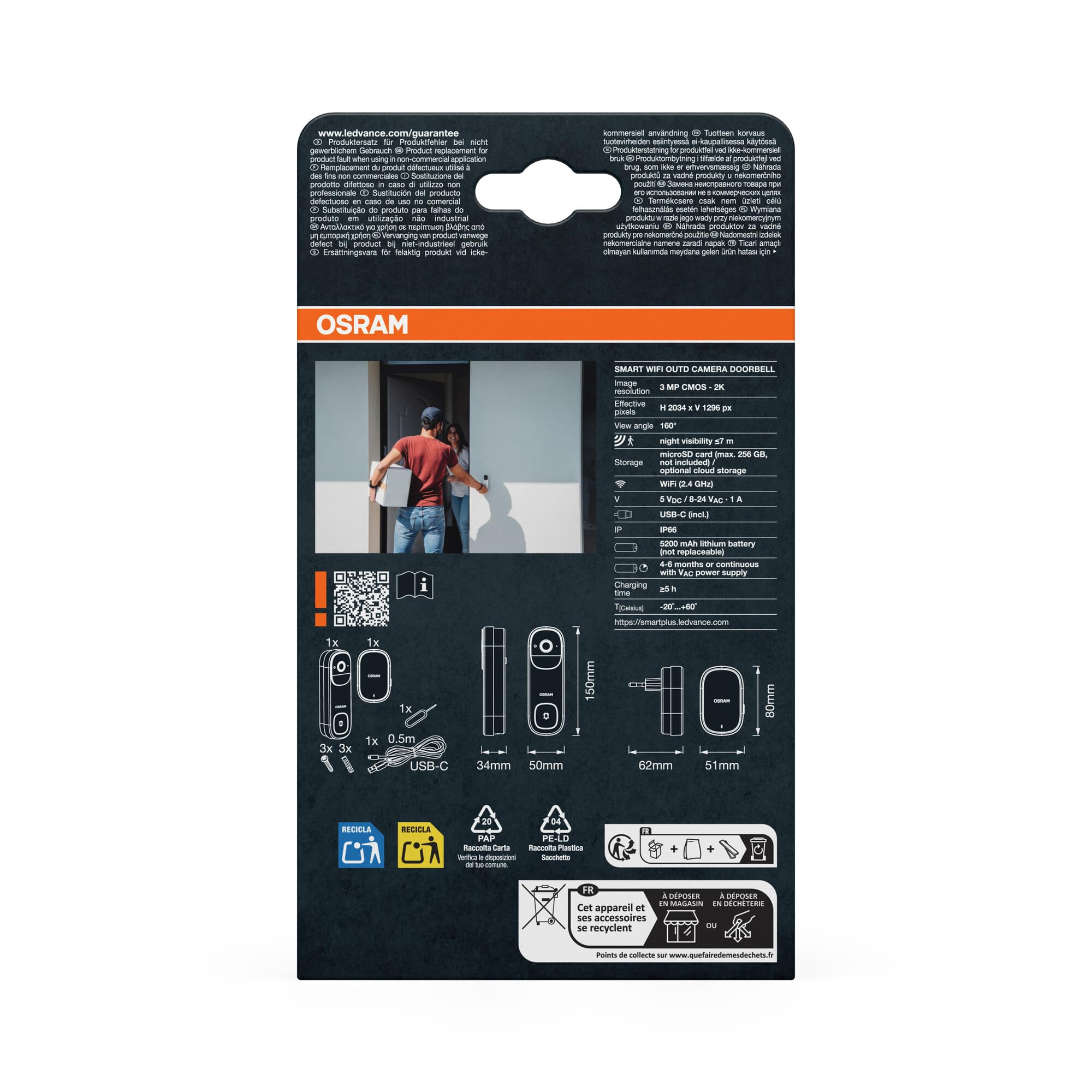 OSRAM SMART+ WiFi 3MP Dzwonek wideo 2K Bateria IP66 Biały Dzwonek wideo SMART+ Wi-Fi 3 MP 2K, czujnik PIR, bateria 5200 mAh, dzwonek, kąt widzenia 160°, kompatybilny z Alexa, biały | Smart + WiFi kamera zewnętrzna do drzwi, akcesoria do oświetlenia zewnęt