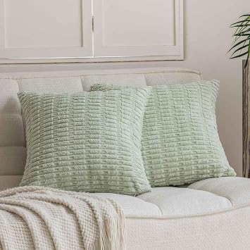 JUSPURBET Light Green Soft Corduroy Throw Pillow Covers 20x20 inch Set of 2 with Invisible Zipper for Sofa Couch Bed,Decorative Boho Solid Square Striped Cushion Covers