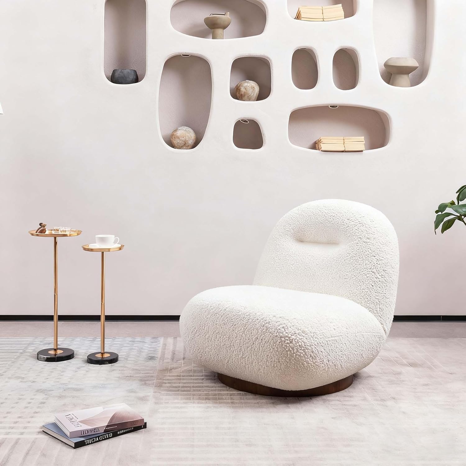 31" White Swivel Accent Chair -Lazy Chair Living Room Boucle Fleece Swivel Chair/Armless Chairs for Apartments,Lounge,Reception Upholstered Modern Minimalist Style Installation-Free