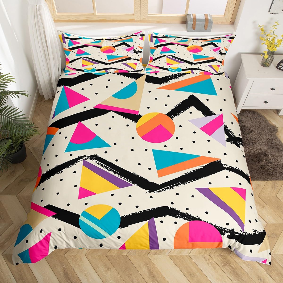 Memphis Duvet Cover Set Super King Size, Retro 80s or 90s Fashion Style Bedding Set 3pcs for Kids Boys Girls, Geometric Triangle Circle Comforter Cover Soft Polyester Quilt Cover with 2 Pillowcases