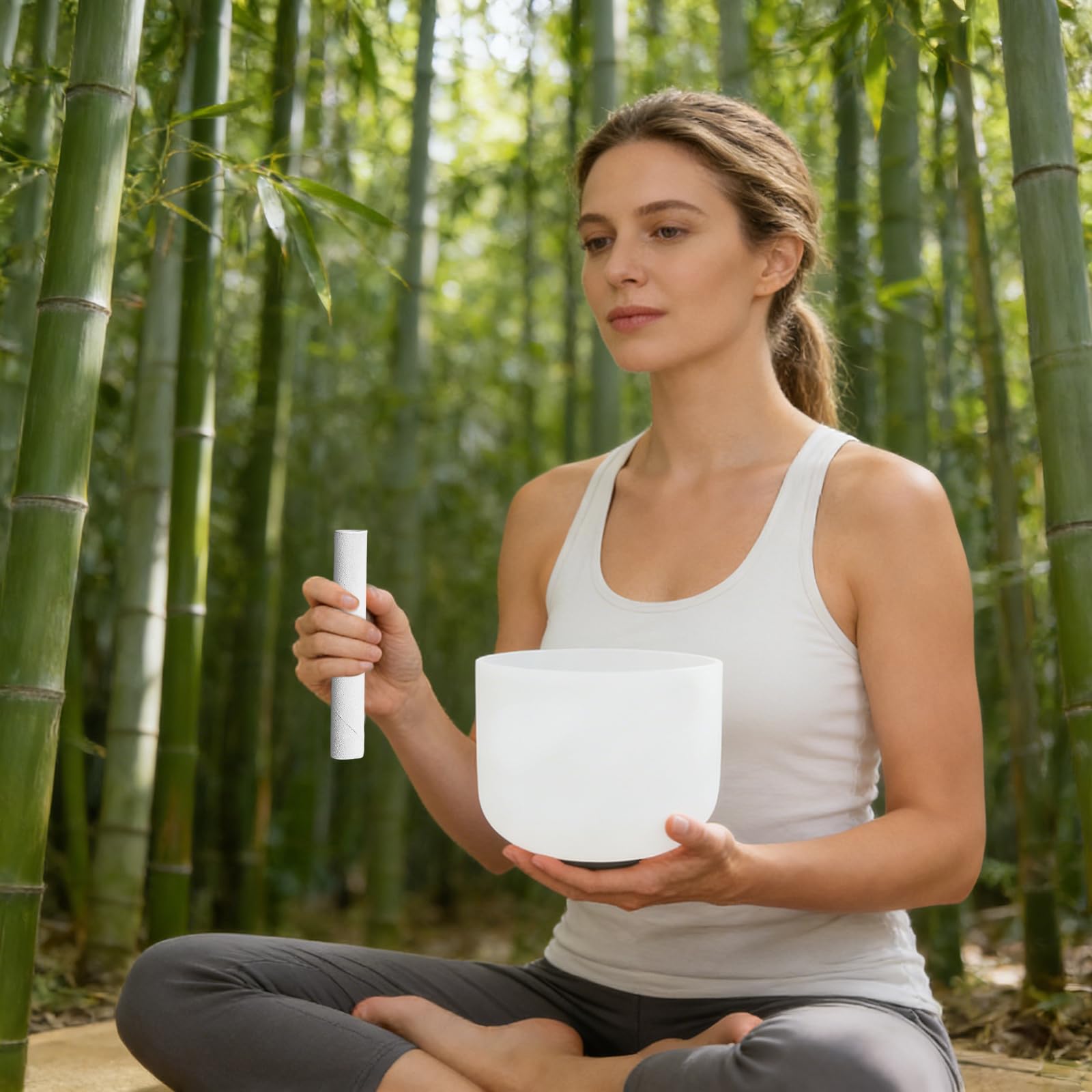 Campana tibetana in cristallo, 8 pollici, 432-440 Hz, per la meditazione, per la terapia del suono e lo yoga, con bacchetta e anello, colore bianco