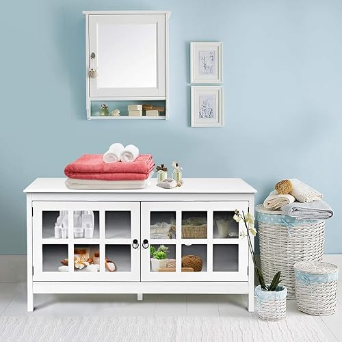 Miniatura 6 de DORTALA Moderno soporte de TV para TV de hasta 45 pulgadas, mesa consola de TV de madera con 2 puertas de vidrio, 4 almacenamientos, centro de