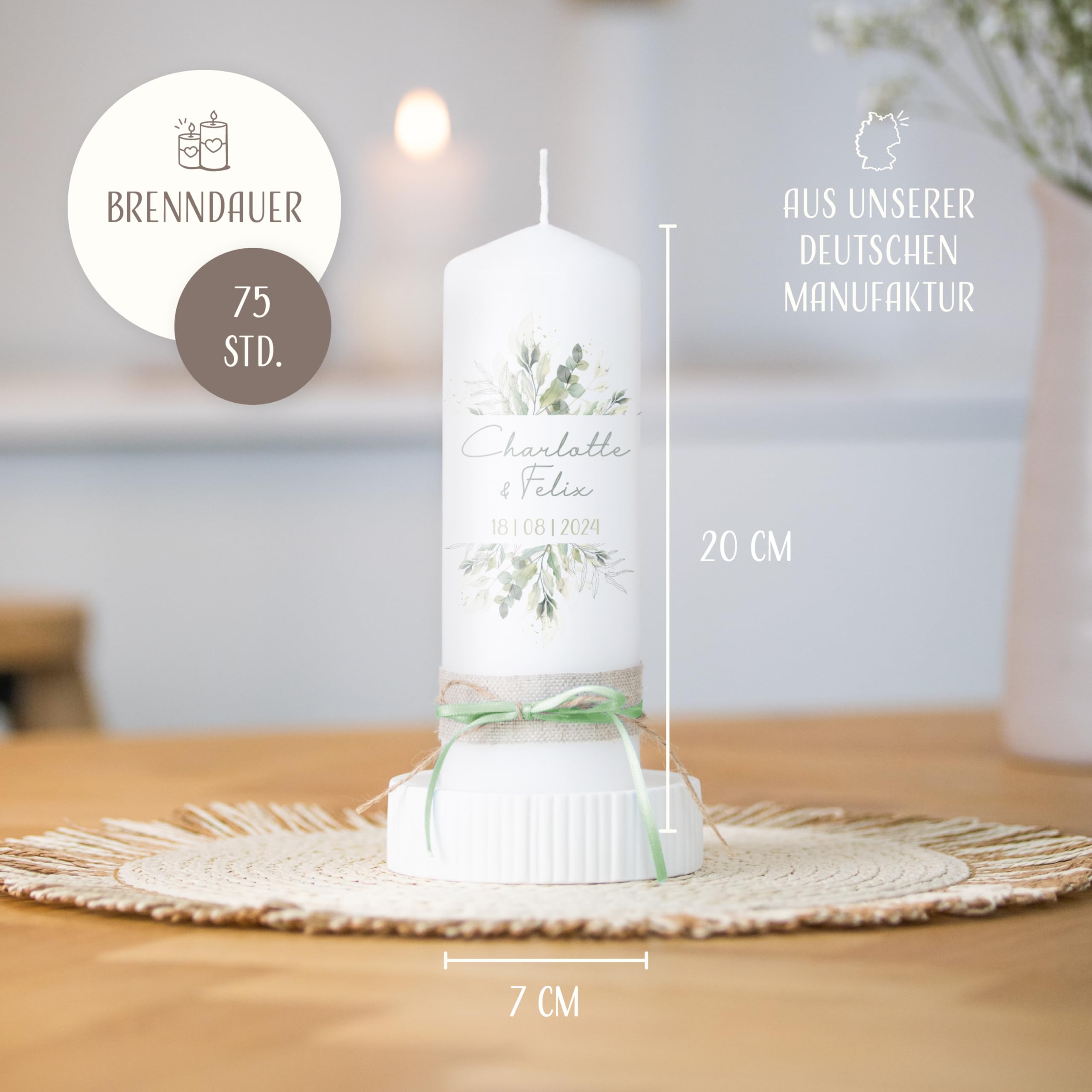 AMARI ® Hochzeitskerze personalisiert Pflanzwelt 20/7 cm- mit Namen & Datum – Elegante Traukerze für Hochzeit & Standesamt – Individuelles Geschenk zur Trauung