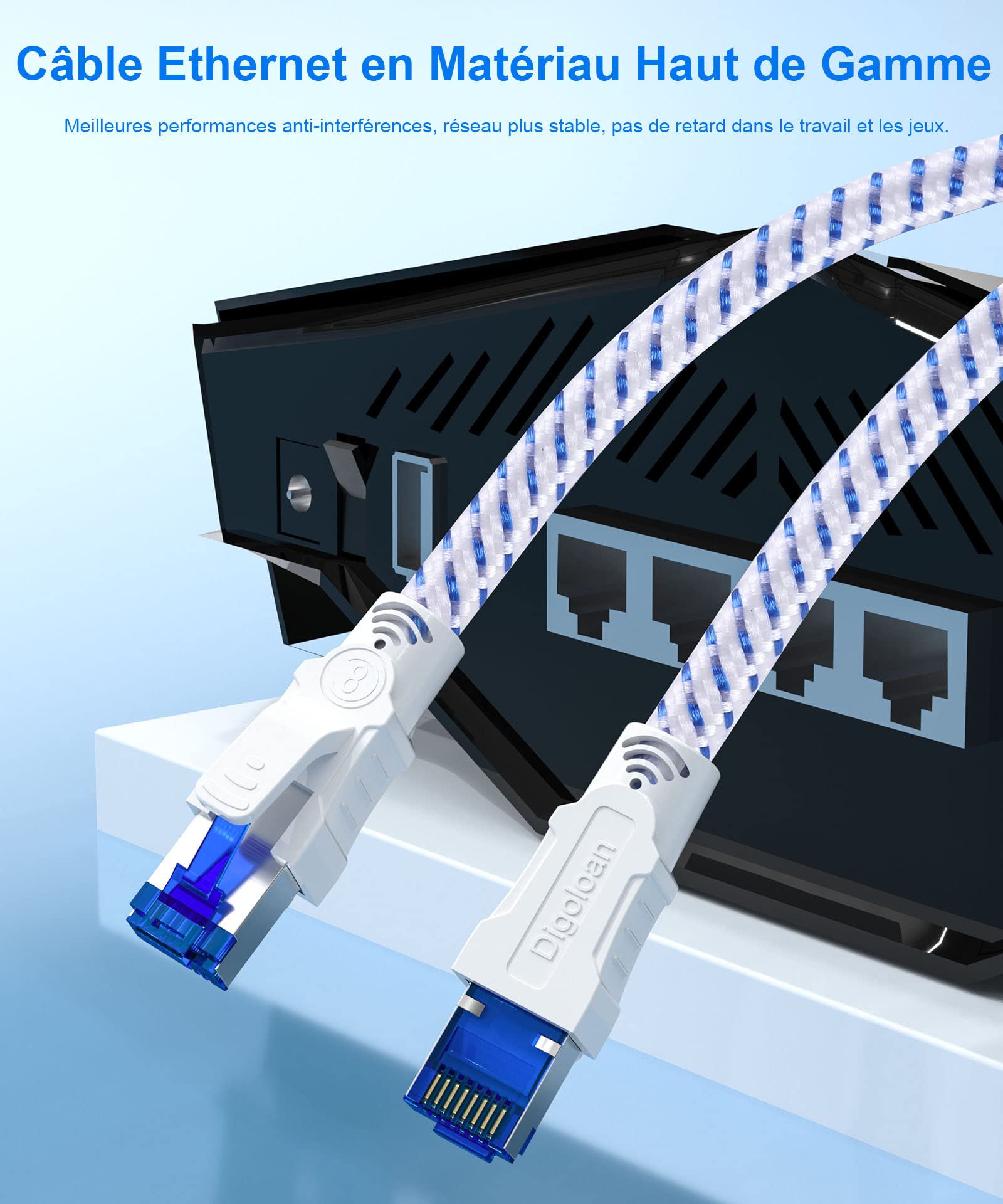 Marque : Digoloan Câble Ethernet Cat 8, RJ45 1m 2m 3m 5m 10m 20m 30m Cable Réseau, Cat8 40Gbps 2000MHz Gigabit S/FTP Nylon Câble Internet Lan pour PS5, Routeur, Téléviseurs, Xobx, Plus Rapide que Cat 6/Cat 7(1m) in use