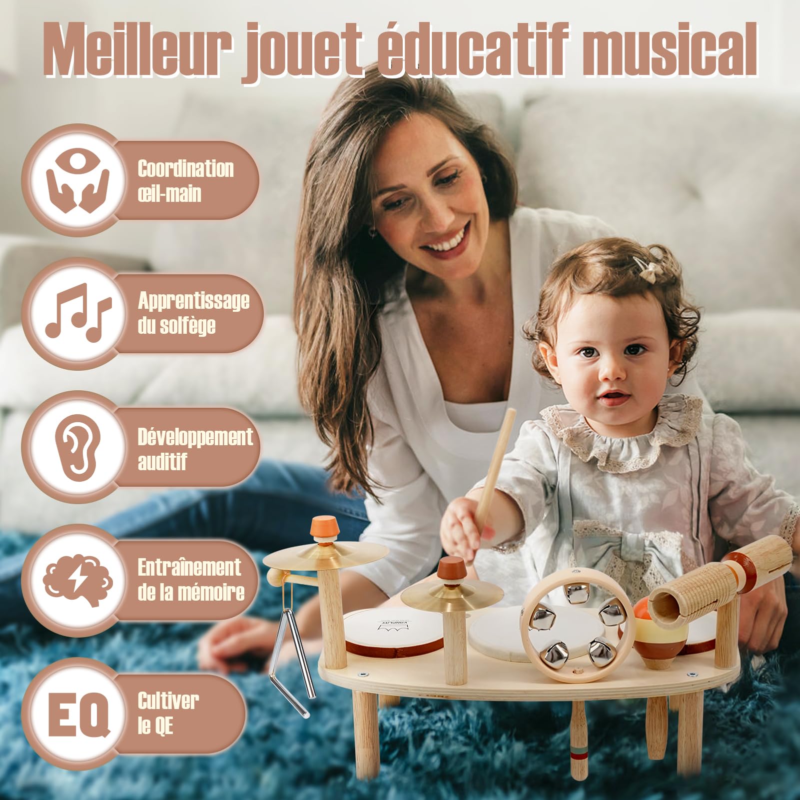 Vanplay Juguetes musicales para bebés de 1 año en adelante con 3 tambores y sonajero de cascabeles, tambor infantil juguete musical, juguete Montessori para niños y niñas a partir de 1 año