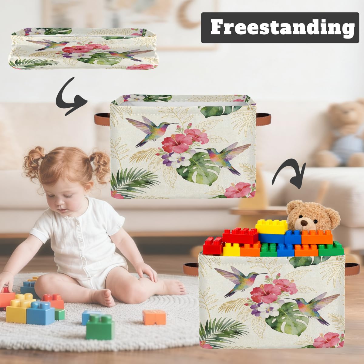 Rechteckiger Aufbewahrungskorb für den Sommer, Kolibri, Hibiskus, mit Ledergriffen, 2 Stück, faltbarer Stoff-Aufbewahrungskorb für Schrank, Badezimmer, Wohnzimmer, Büro, Spielzeug, Organizer