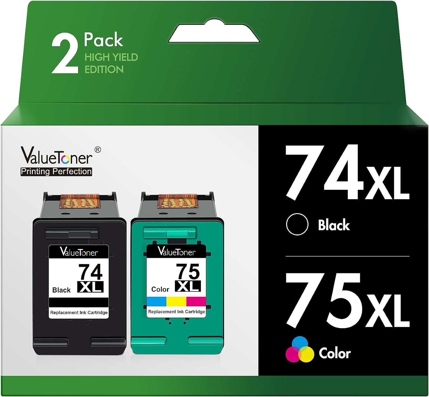 Valuetoner Remanufactured Ink Cartridge Replacement For HP 74XL & 75XL High Yield CC634BN CB336WN CB338WN for Deskjet D4260 D4280 D4360 Printer (1 Black, 1 Tri-Color) 2 Pack