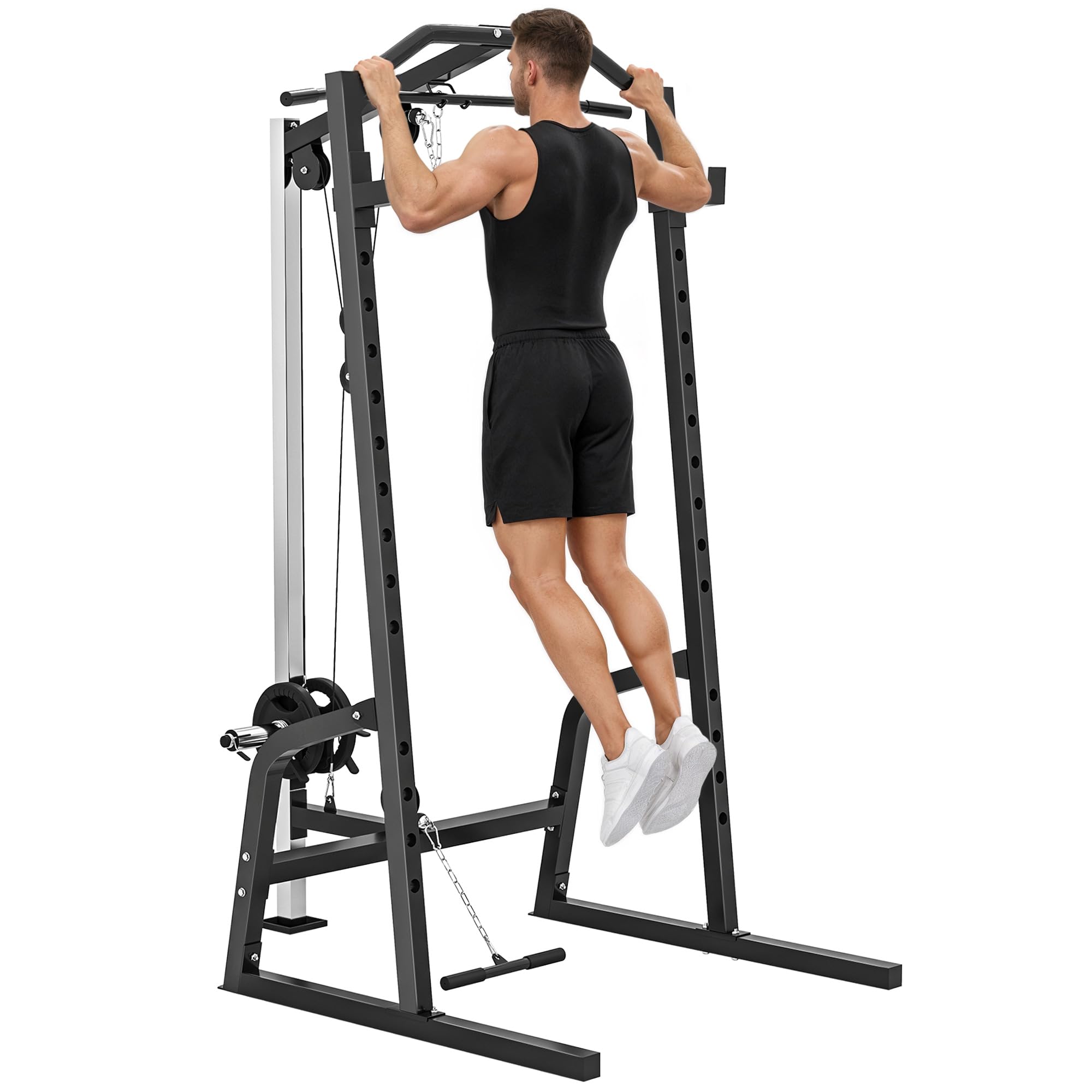 Sportnow Unisex Black Power Cage With Pulley System, Squat Rack In