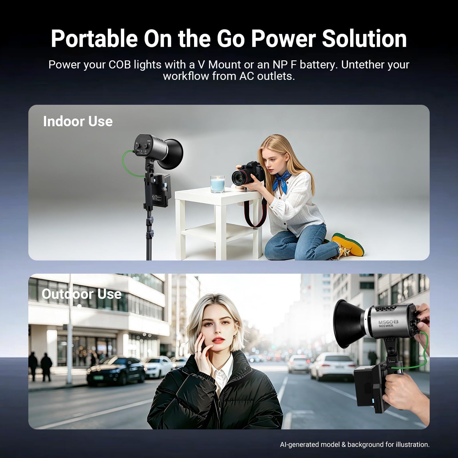 NEEWER Impugnatura Batteria V Mount e NP-F 2in1 per Luce Video LED Portatile Serie MS HS, Maniglia a Due Canale con Piastra per Batteria NP-F970 750 PS099E VB99 e Cavo DC a DC da 5,5x2,5mm, PS011E