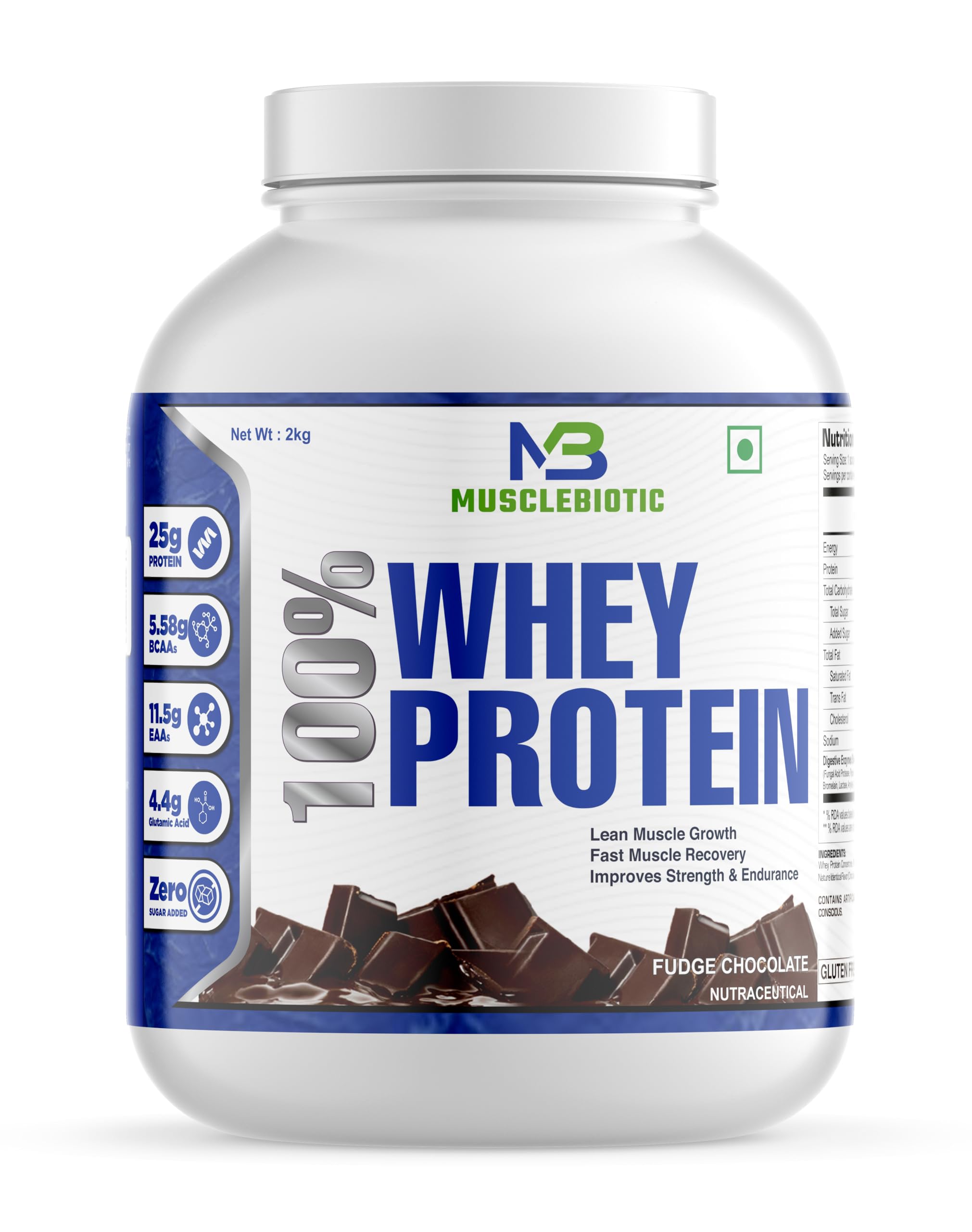 Musclebiotic (Lab tested) 100% Whey Protein | 25g Protein Per Serving | 5.5g BCAA | 11.5g EAA | 4.4g Glutamine | 2KG | Fudge Chocolate Flavor