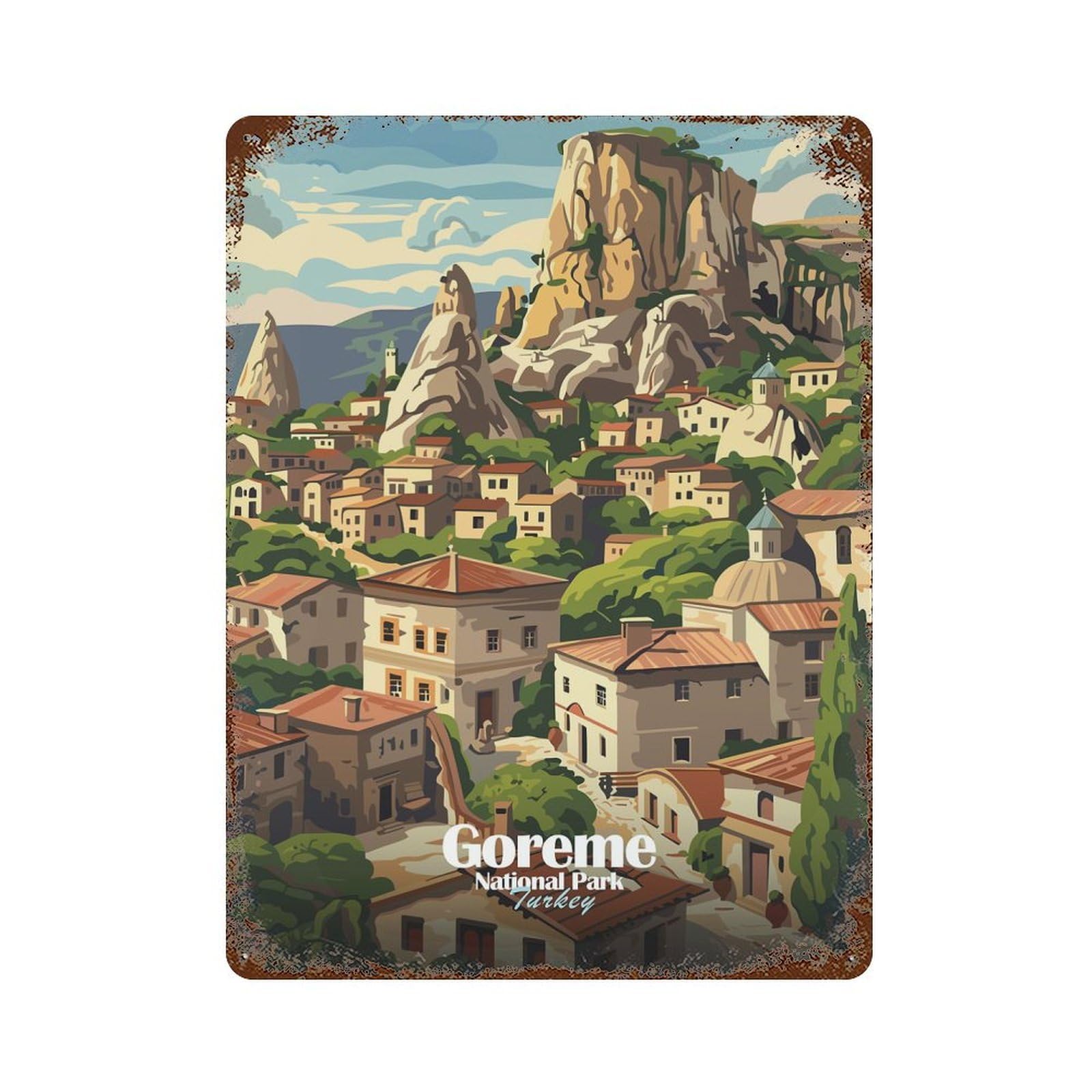 Garage Style Goreme National Park, Turkey Illustration Distressed Metal Wall Sign 15.7"x11.8", Vintage Wall Decor for Bar And Workshop