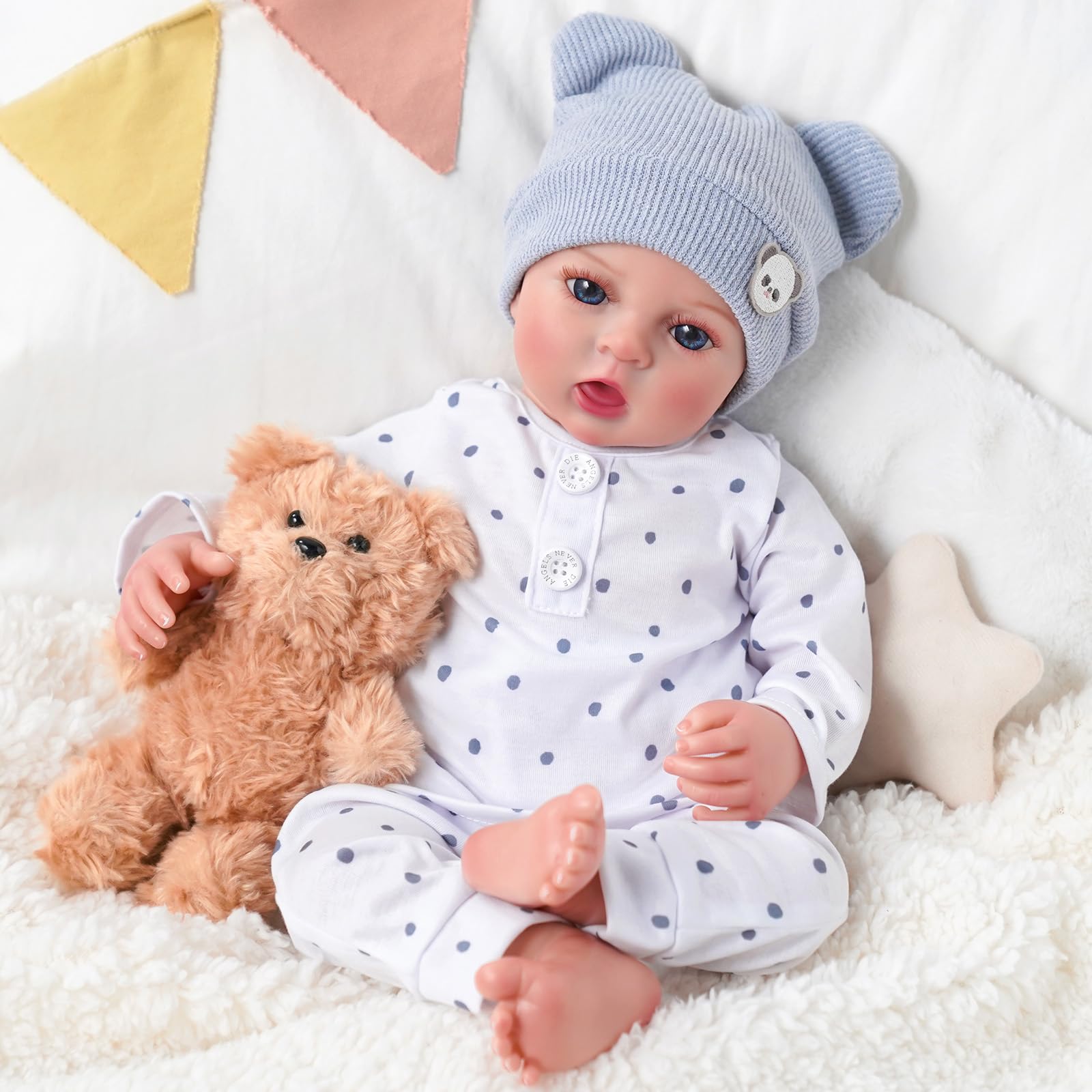 BABESIDE Bambole Reborn - 17 Pollici Bambola Realistica per Bambina - Occhi Azzurri - Corpo in Tessuto - Bambolotto Maschio Neonato con Vestiti e Accessori, Adatto a Bambine dai 3 Anni+