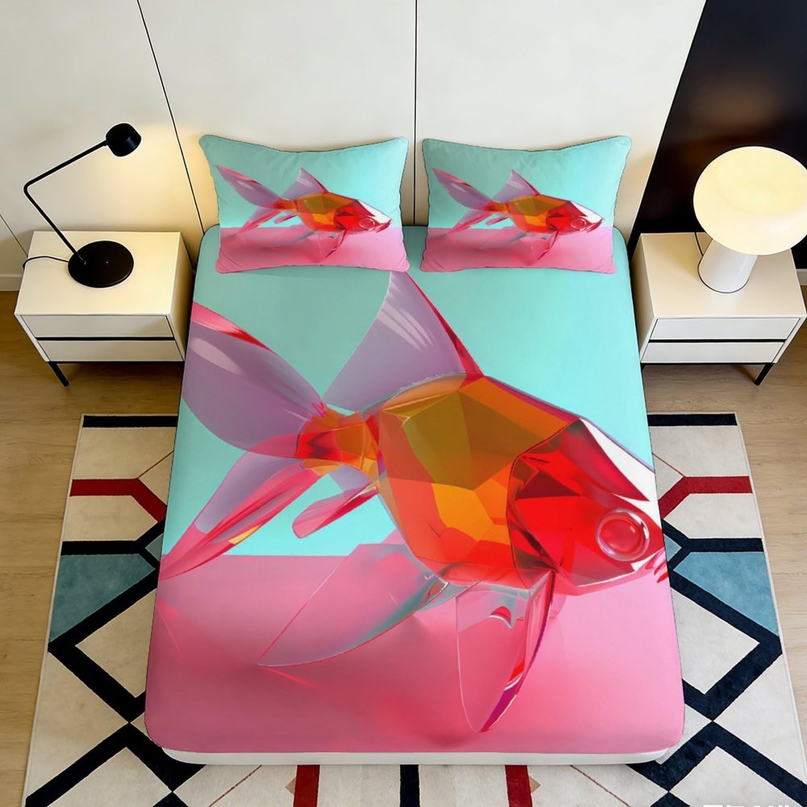 3D Printed Crystal Goldfish Fitted Sheet Microfiber Soft Art Decor Red Pink Blue Mattress Cover for Bedroom Dorm 90x200x25cm